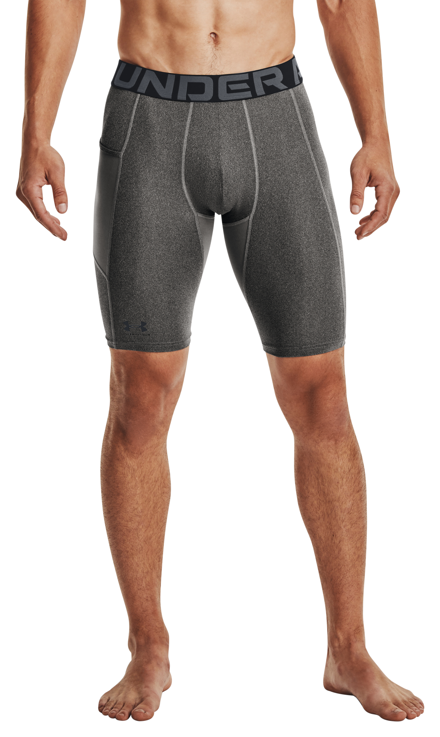 Image of Under Armour HeatGear Compression Pocket Long Shorts for Men - Carbon Heather/Black - 2XLT