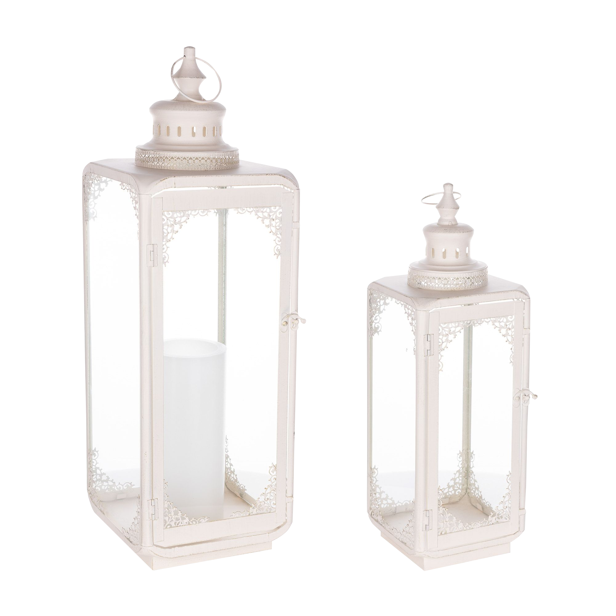 Image of Melrose International Ornate Curved Metal Lanterns Set of 2 - White