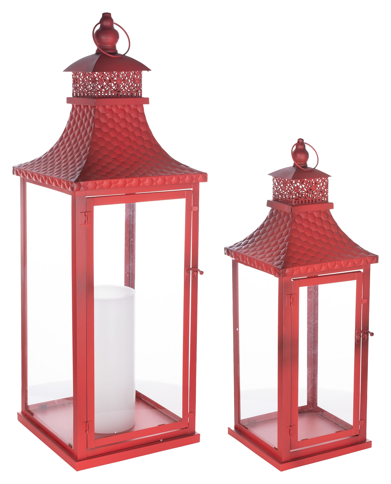 Image of Melrose International Traditional Lanterns with Hammered Metal Lids Set of 2 - Red