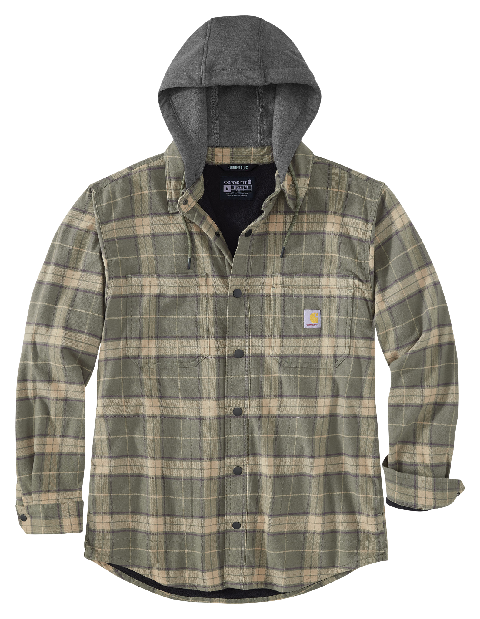 Image of Carhartt Rugged Flex Relaxed-Fit Flannel Fleece-Lined Hooded Shirt Jacket for Men - Dusty Olive - XL