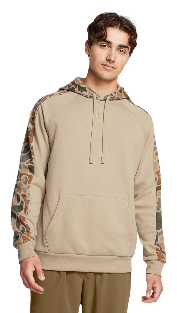 Under Armour Rival Fleece Camo Blocked Long-Sleeve Hoodie for Men - City Khaki/Frog Camo - XL