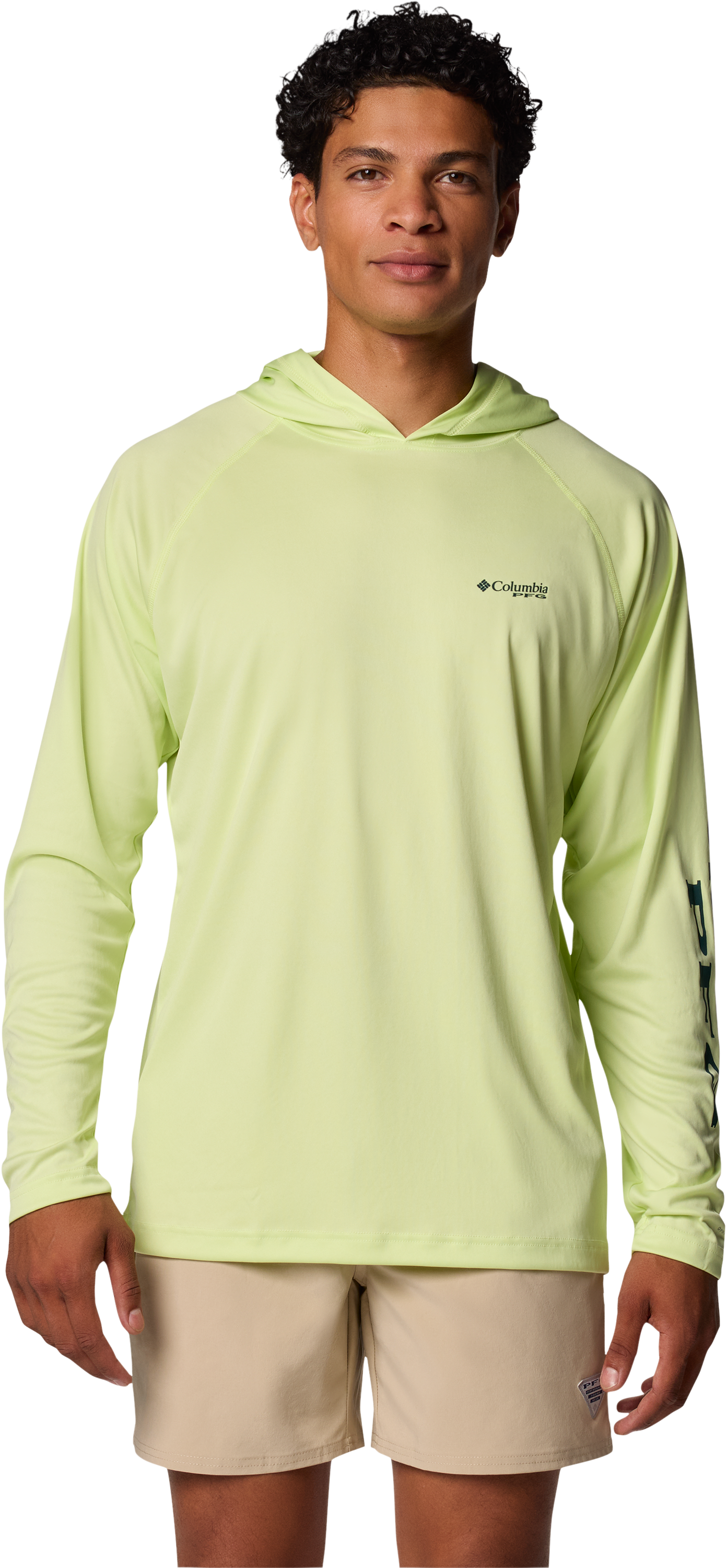 Columbia PFG Terminal Tackle Long-Sleeve Hoodie for Men - Spring Yellow/Midnight Teal Logo - S