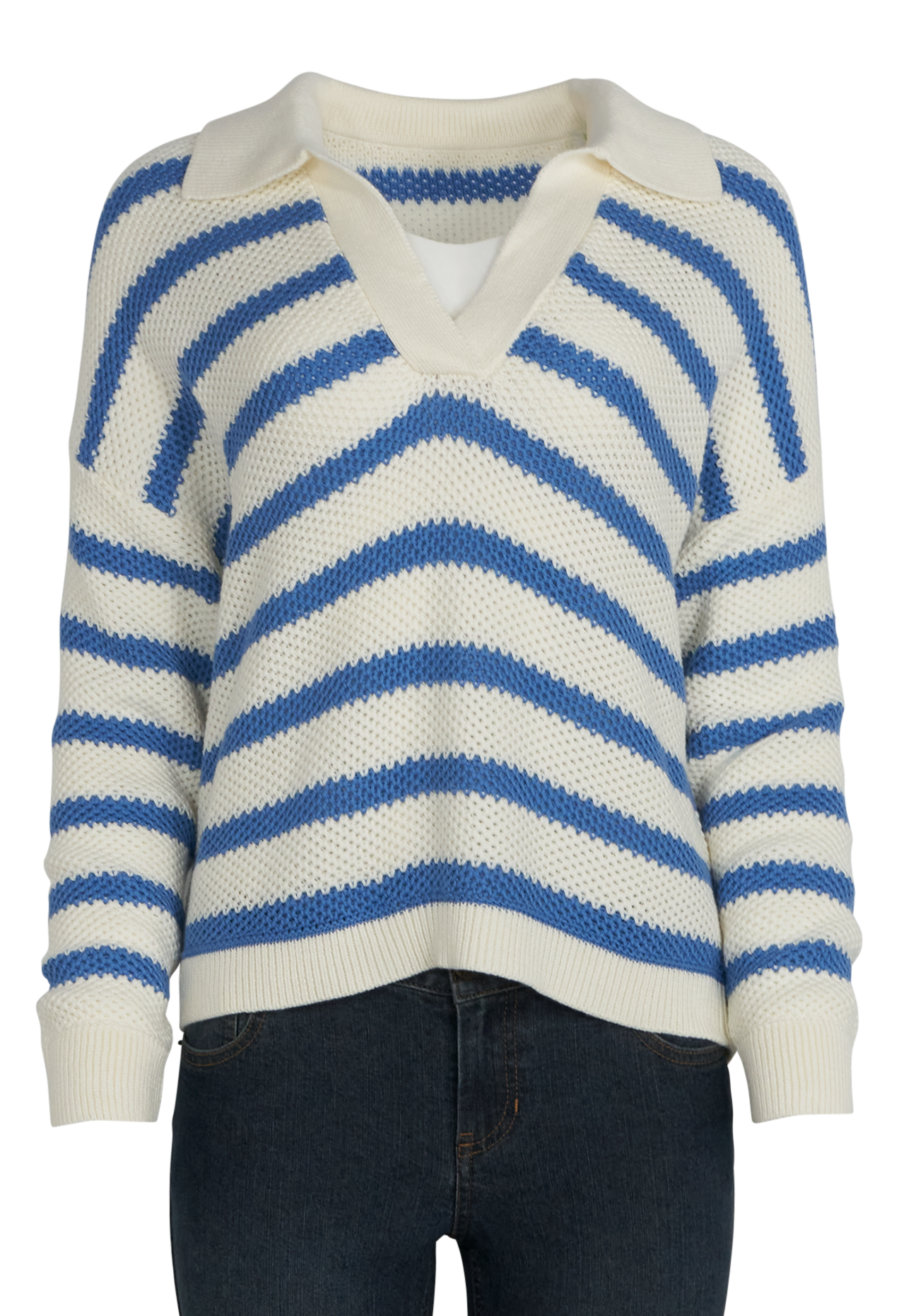 Natural Reflections Riviera Collared Long-Sleeve Sweater for Ladies - Egret Stripe - XL