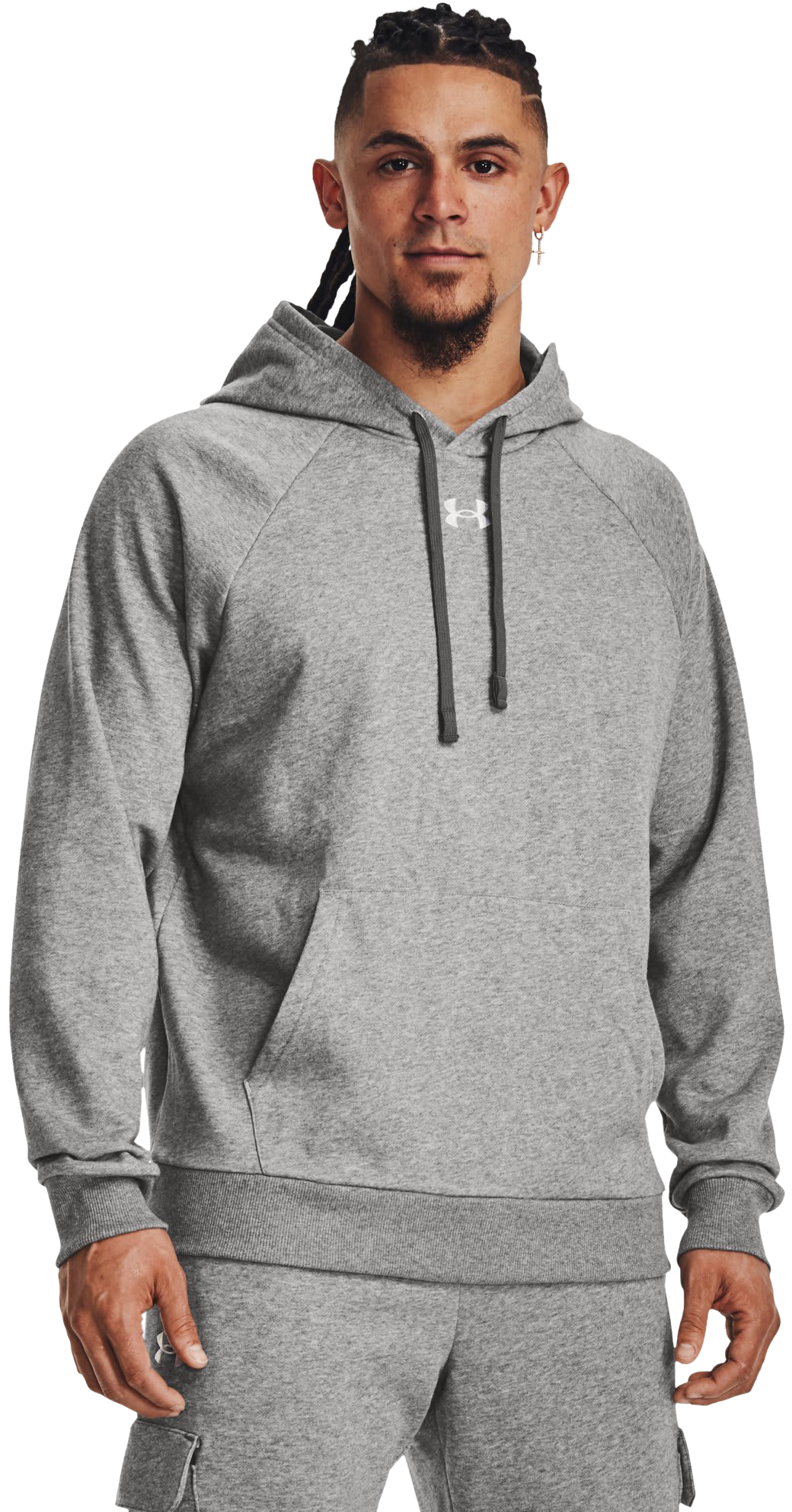 Image of Under Armour UA Rival Fleece Long-Sleeve Hoodie for Men - Castlerock Light Heather/White - 3XLT