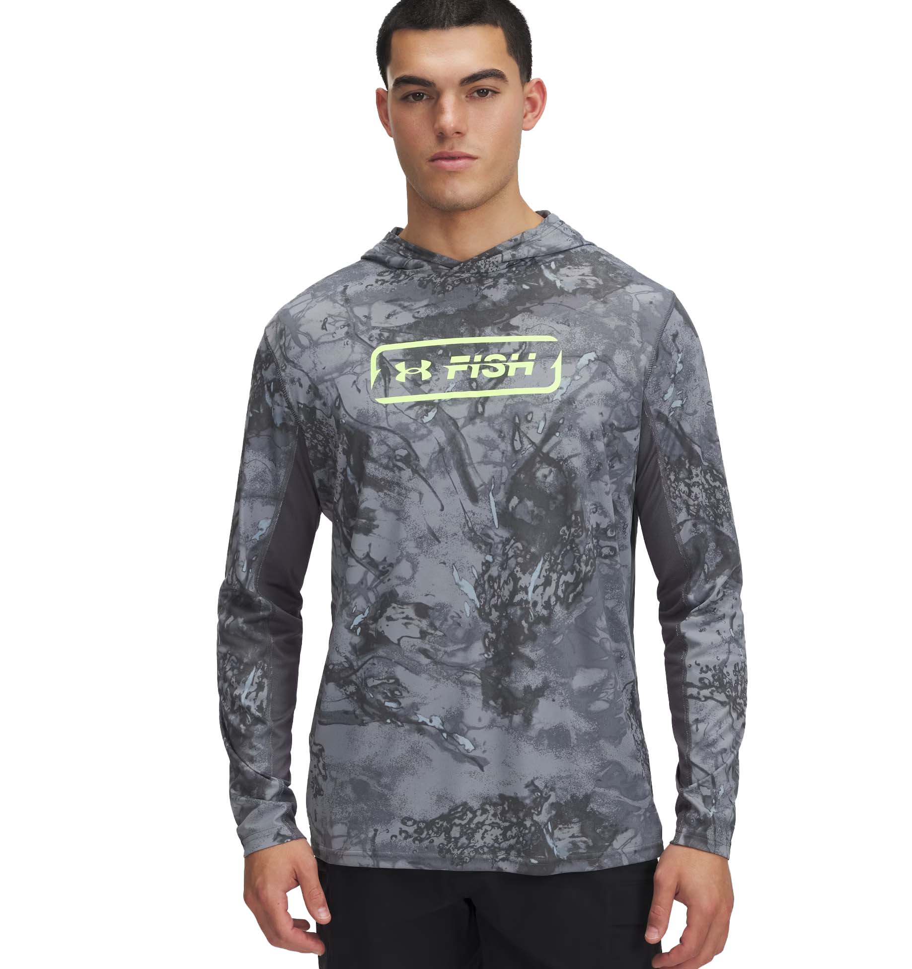 Under Armour Fish Pro Camo Hoodie for Men - Castlerock/Lime Surge - L