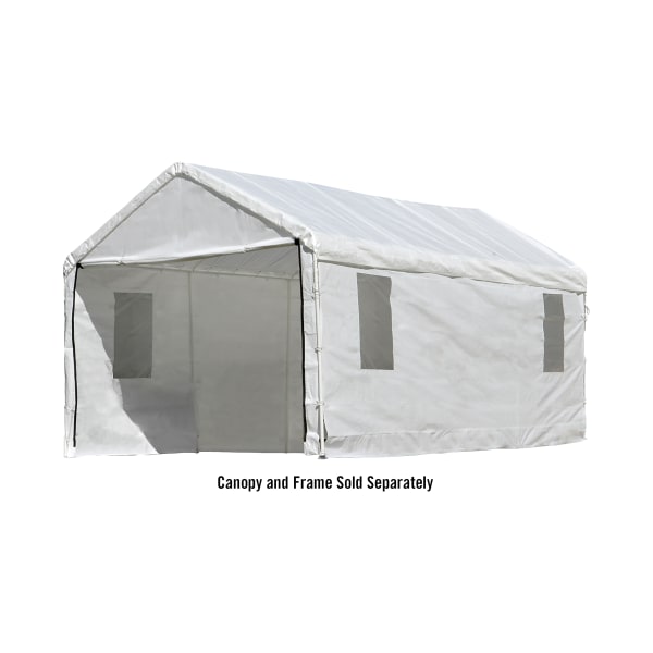 ShelterLogic Max AP Canopy Enclosure Kit with Windows Add sheltering walls and protective shade to your canopy with the ShelterLogic Max AP Canopy Enclosure Kit with Windows. Quickly converts your 10'L x 20'W Max AP canopy (not included) into a walled and windowed shelter. Tough, ripstop woven polyethylene walls boast a UPF rating of 50+, and a UV-resistant treatment, inside and out, blocks more than 98% of harmful UV rays. This rugged material has been constructed with heat-welded seams for a stronger bond and extra water resistance, and it's treated with fade blockers, anti-aging, and anti-fungal agents. Clearview windows on either side allow for extra light and visibility inside the shelter. If you want a canopy with walls, this ShelterLogic kit goes up with ease, and it securely attaches to the canopy frame with bungee fasteners. Manufacturer model #: 25772.    Fits your 10'L x 20' Max AP canopy (not included)  Adds sheltering walls and protective shade  Tough, ripstop woven polyethylene walls  UPF rating of 50+  blocks harmful UV rays  Heat-welded seams  stronger bond and water resistance  Fade blockers, anti-aging, and anti-fungal agents  Clearview windows  extra light and visibility   Secures to frame with bungee fasteners