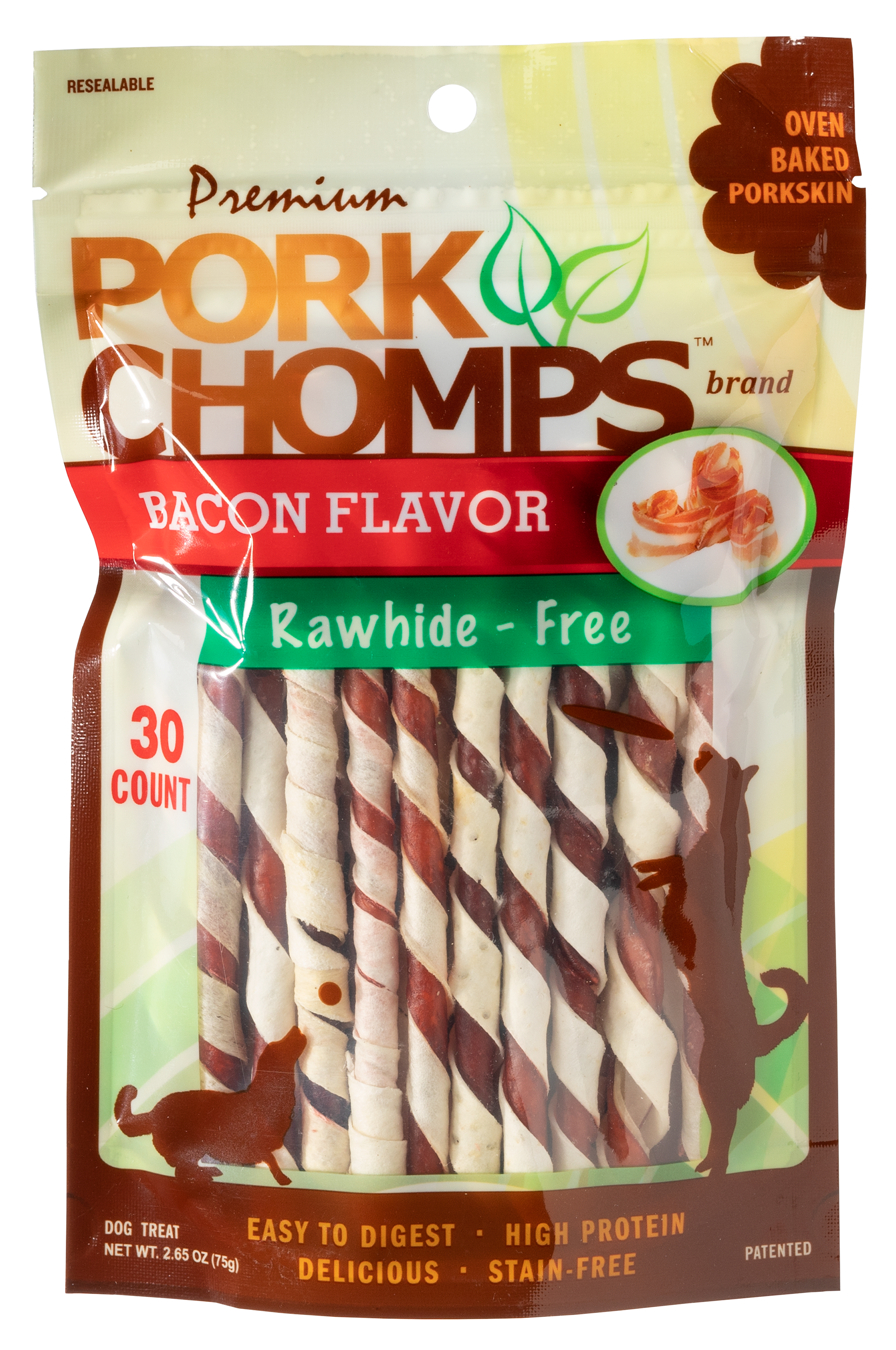 Pork Chomps Bacon Flavor Twists Dog Chews - 30 Count - Pork Chomps