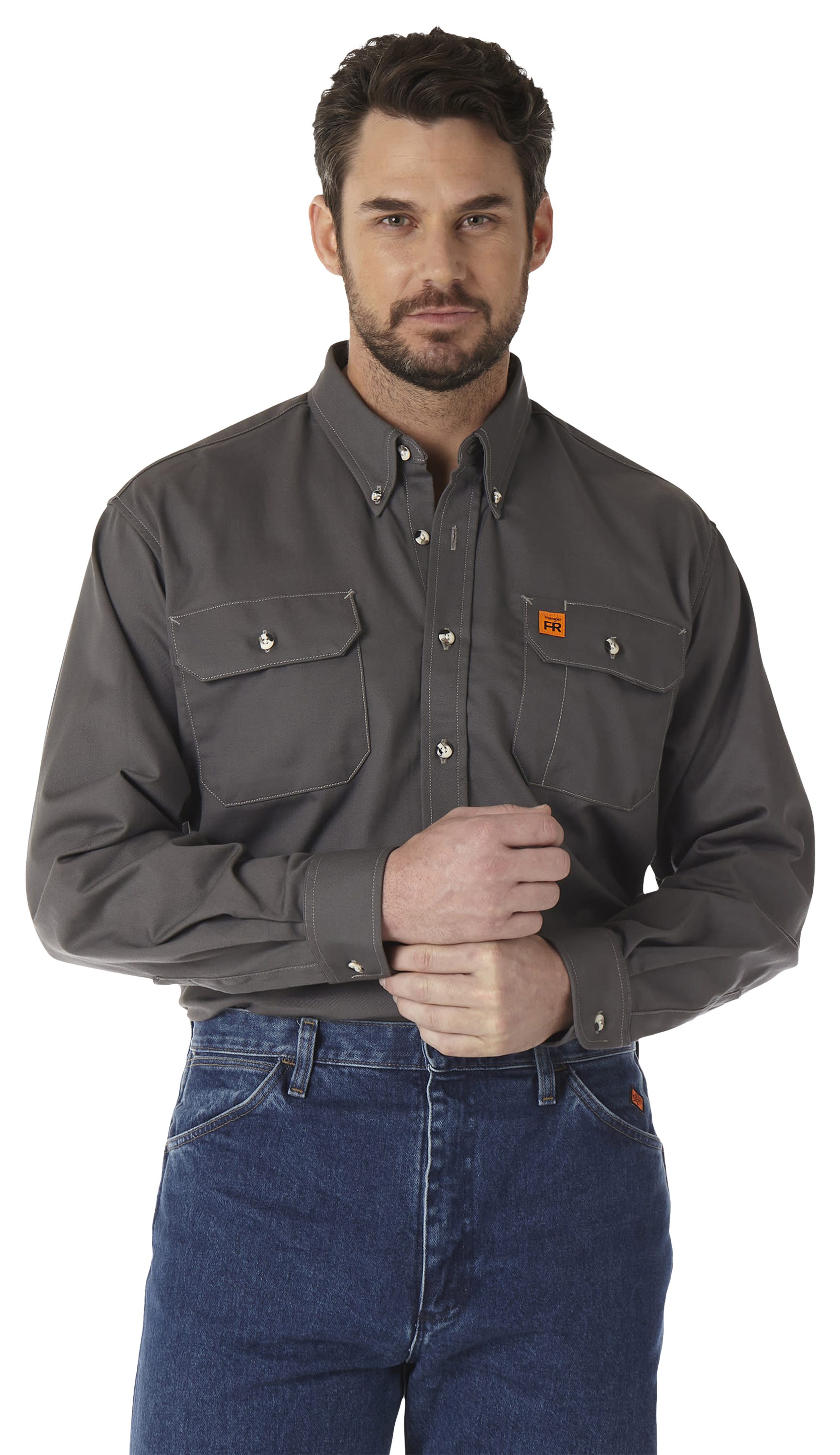 Wrangler Riggs Workwear FR Flame-Resistant Long-Sleeve Button-Down Shirt with 2 Flap Pockets for Men - Gray - XXL