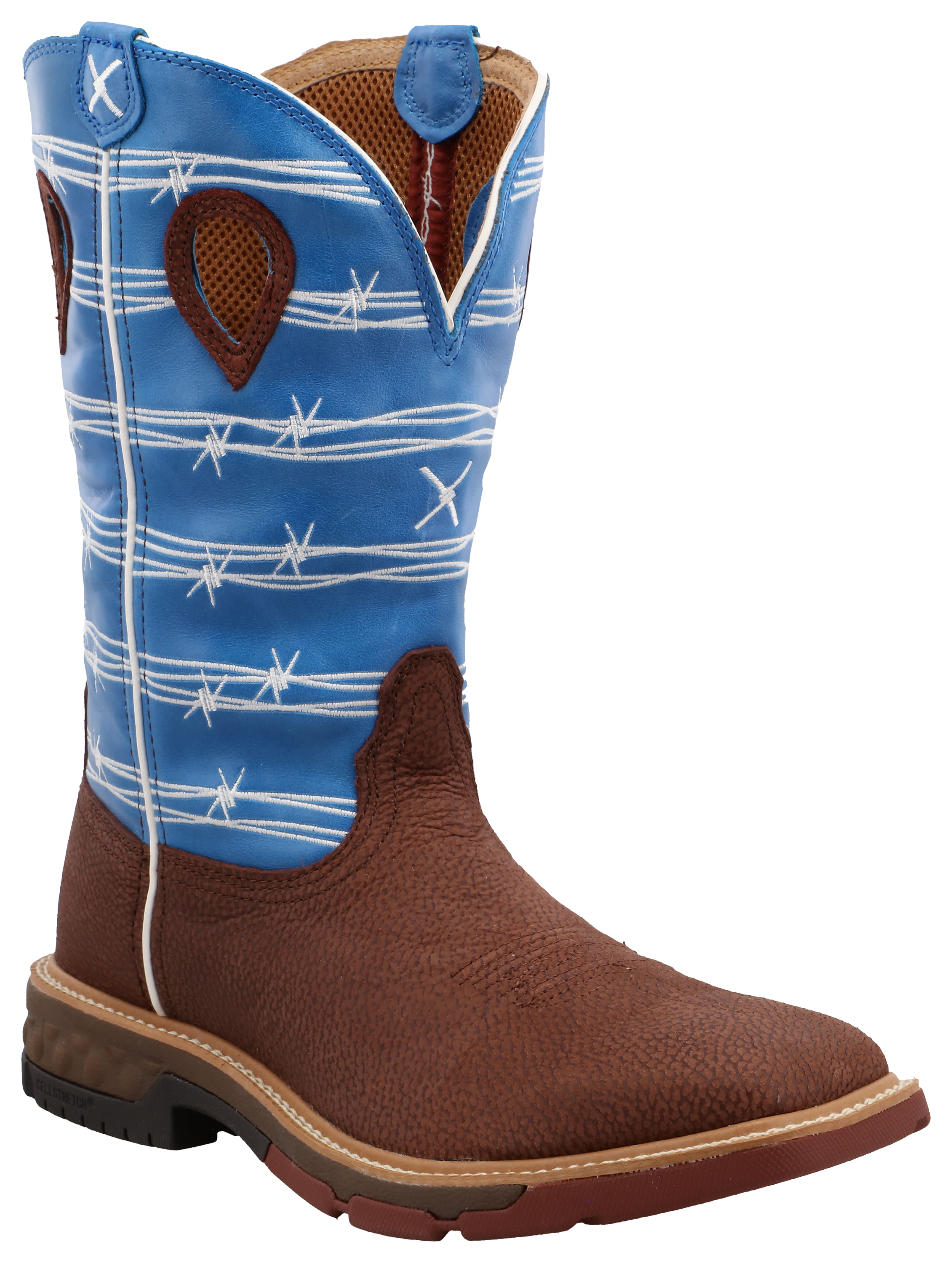 Twisted X Barbed Wire Western Work Boots with CellStretch for Men - Burgundy/Sky Blue - 10M - Twisted X