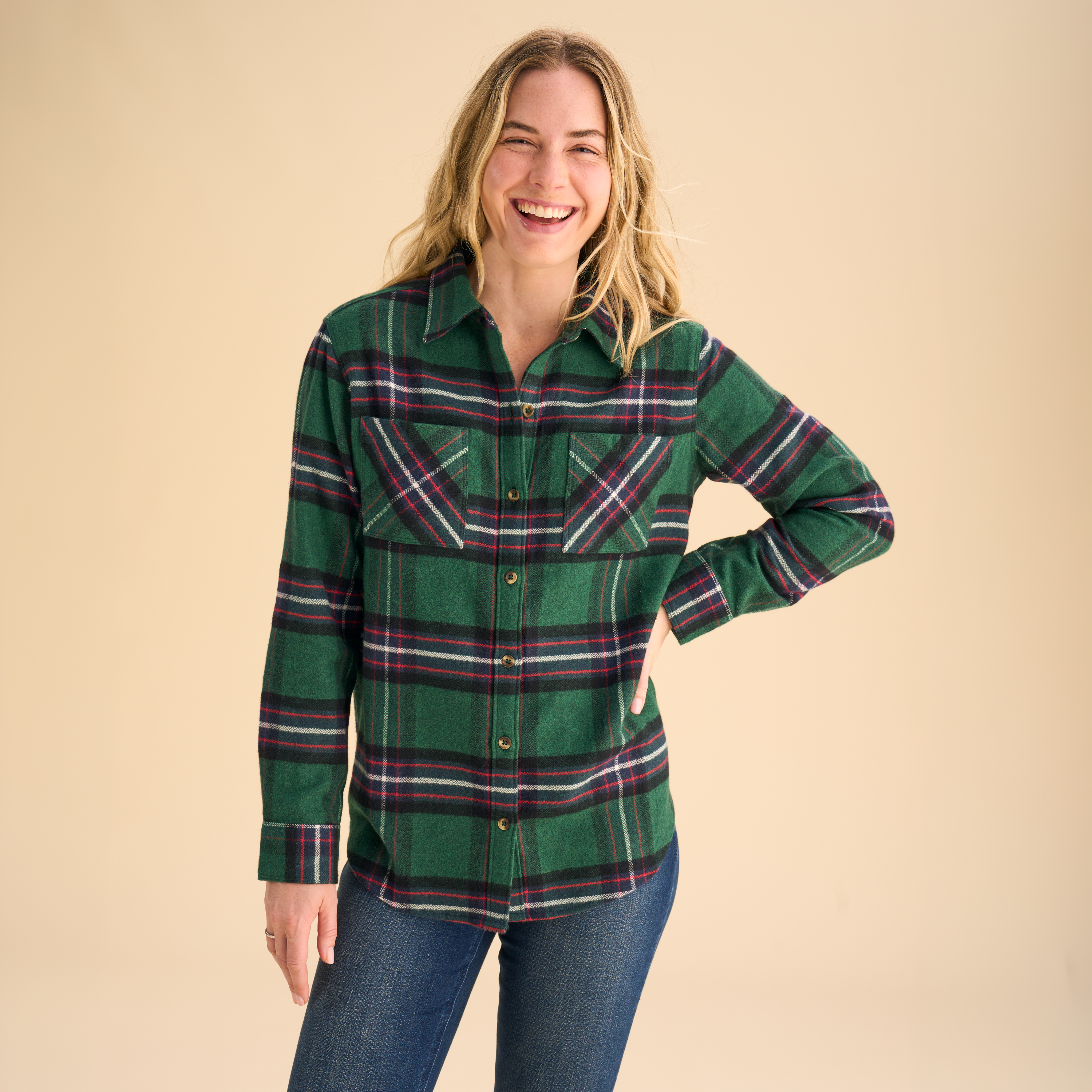 Natural Reflections Heartside Flannel Long-Sleeve Button-Down Shirt - Pineneedle Plaid