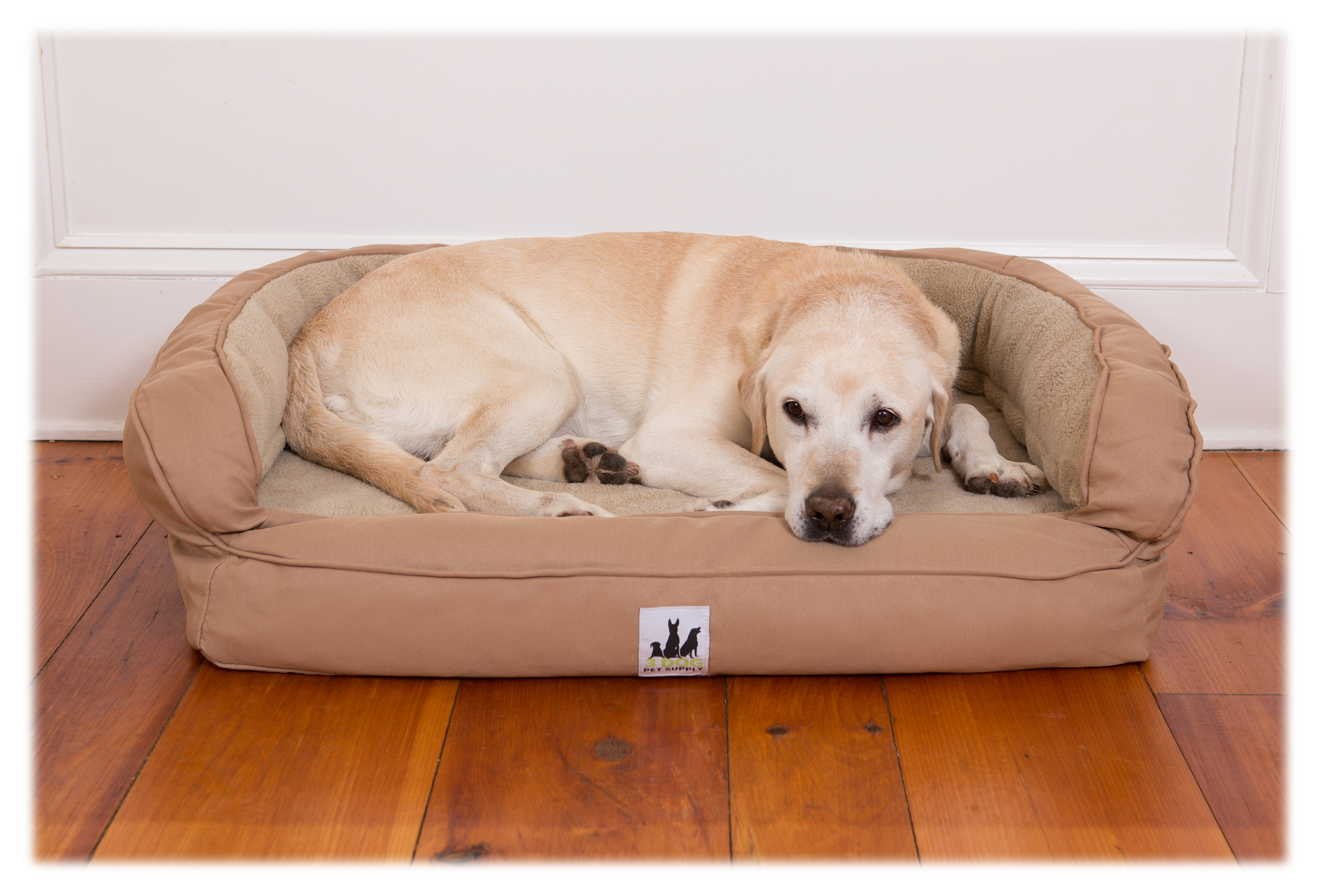3 Dog Pet Supply EZ Wash Fleece Headrest Memory Foam Dog Bed - Tan - 27x21