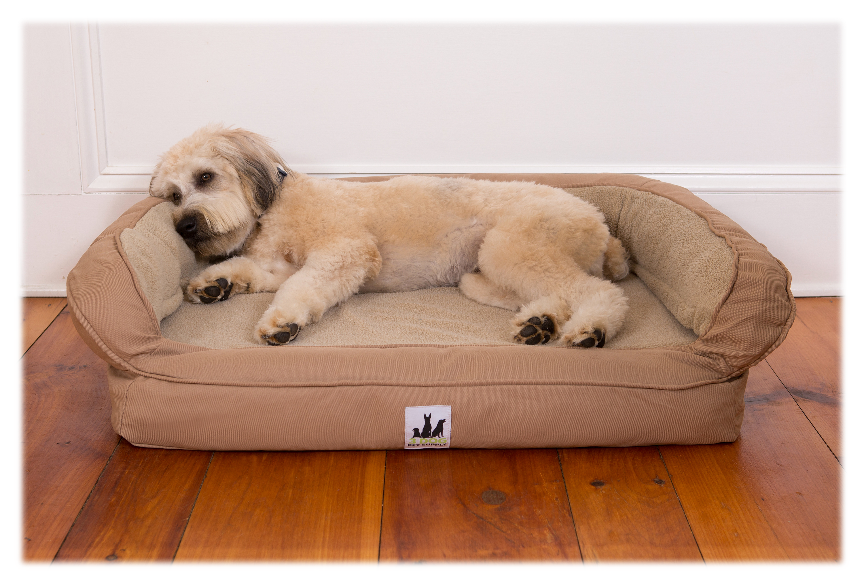 3 Dog Pet Supply EZ Wash Fleece Headrest Dog Bed - Tan - 27x21x9
