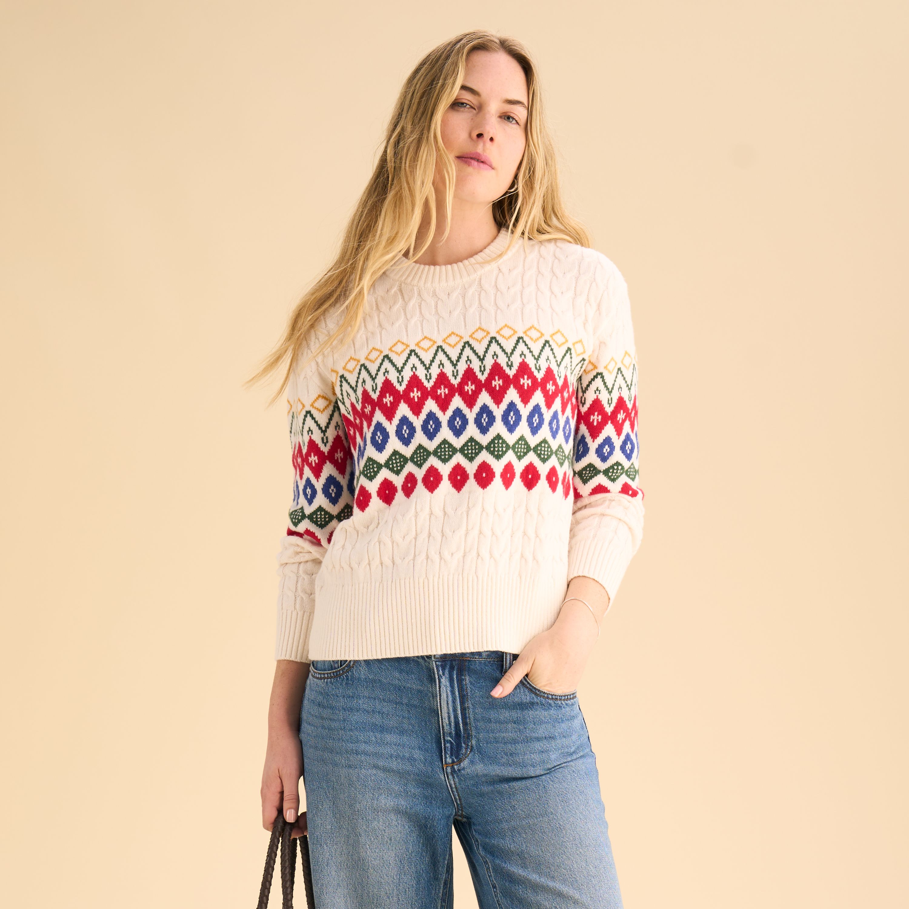 Natural Reflections Cable-Knit Fair Isle Sweater - Multi