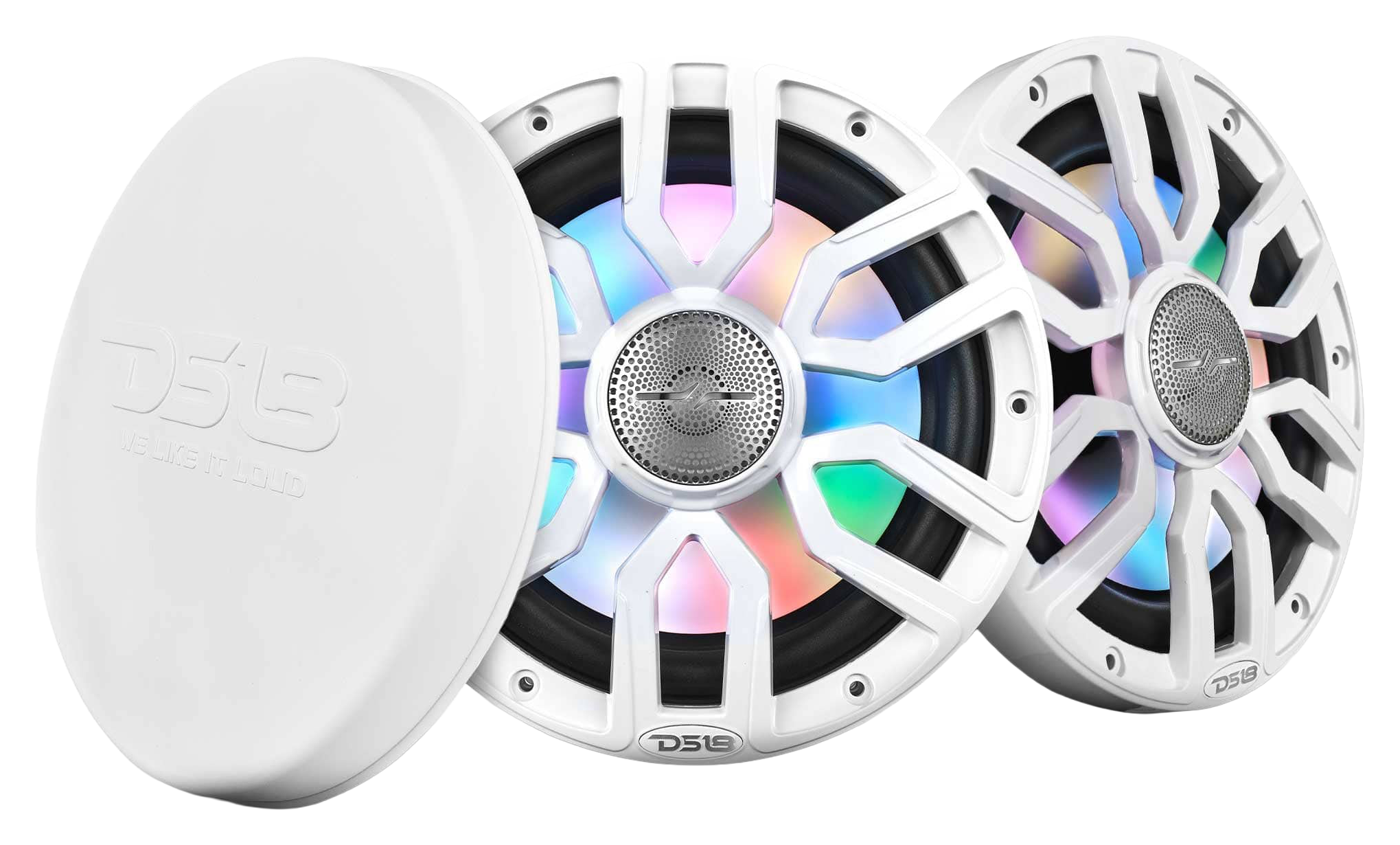 DS18 NXL 8" 2-Way Coaxial Marine Speaker with Bullet Tweeter and Digital LED Lights - White