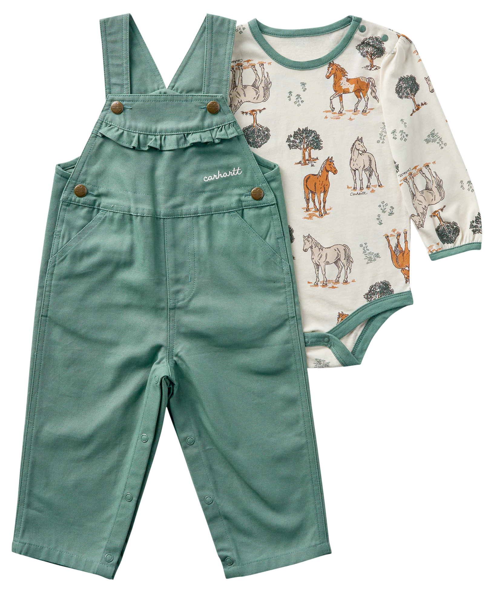 Carhartt Carhartt Horse-Print Ruffled Overalls and Long-Sleeve Bodysuit Set for Babies - Laurel Wreath - $36.99 at Cabela's Program