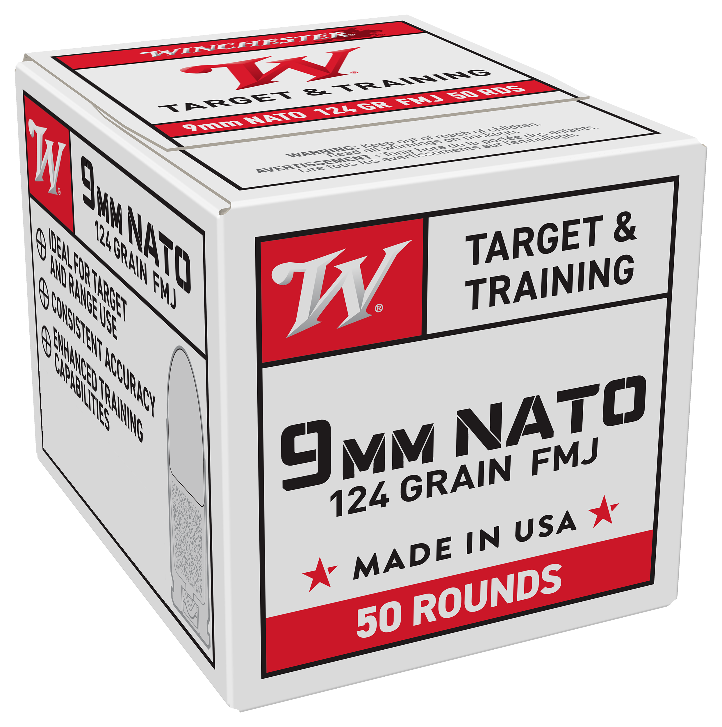 Winchester USA 9mm Handgun Ammo - FMJ - 124 Grain - 50 Round