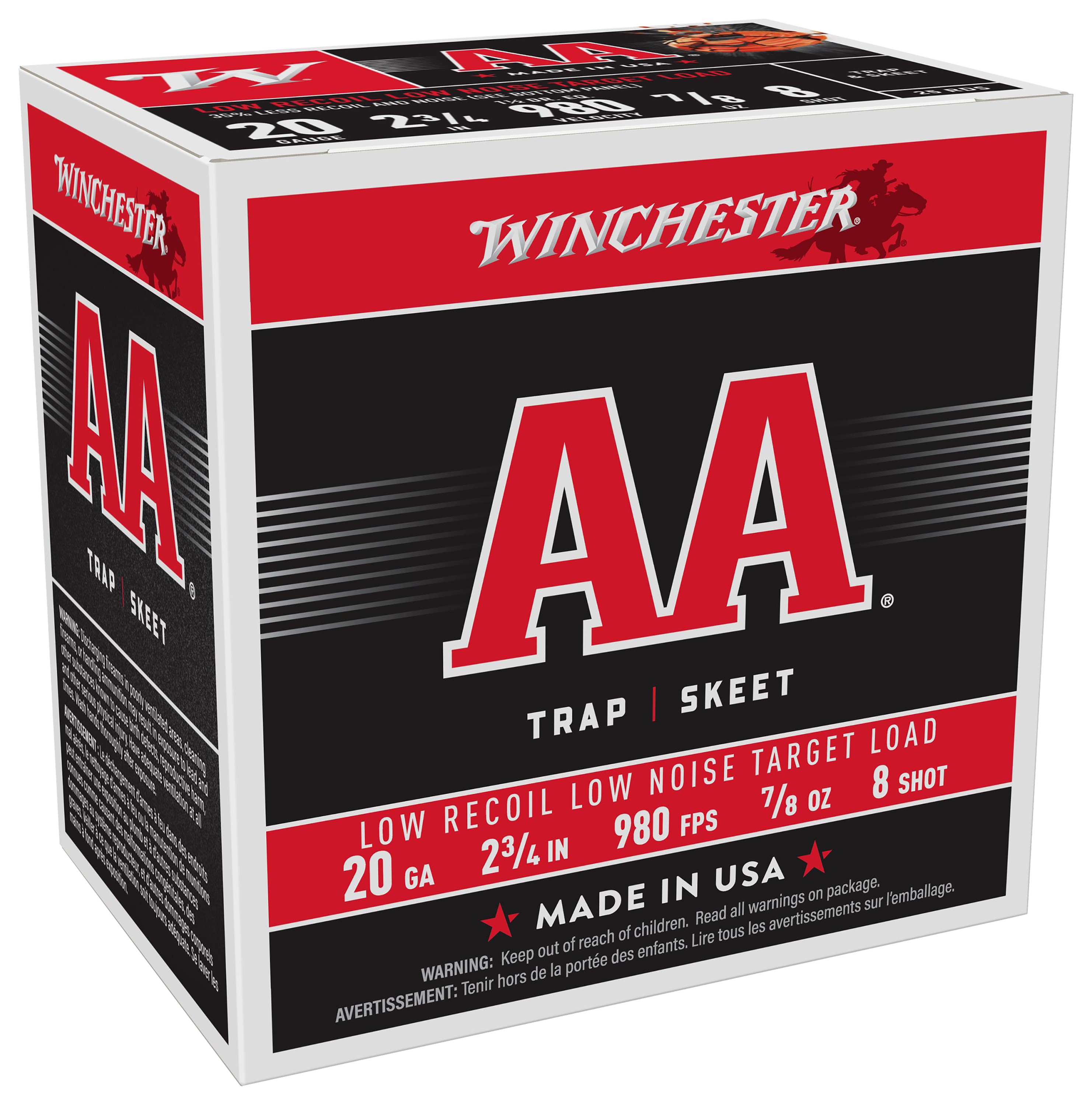 Image of Winchester AA Low Recoil/Low Noise Target Loads Shotshells - 20 Gauge - 7/8 oz. - 8 shot - 25 Rounds