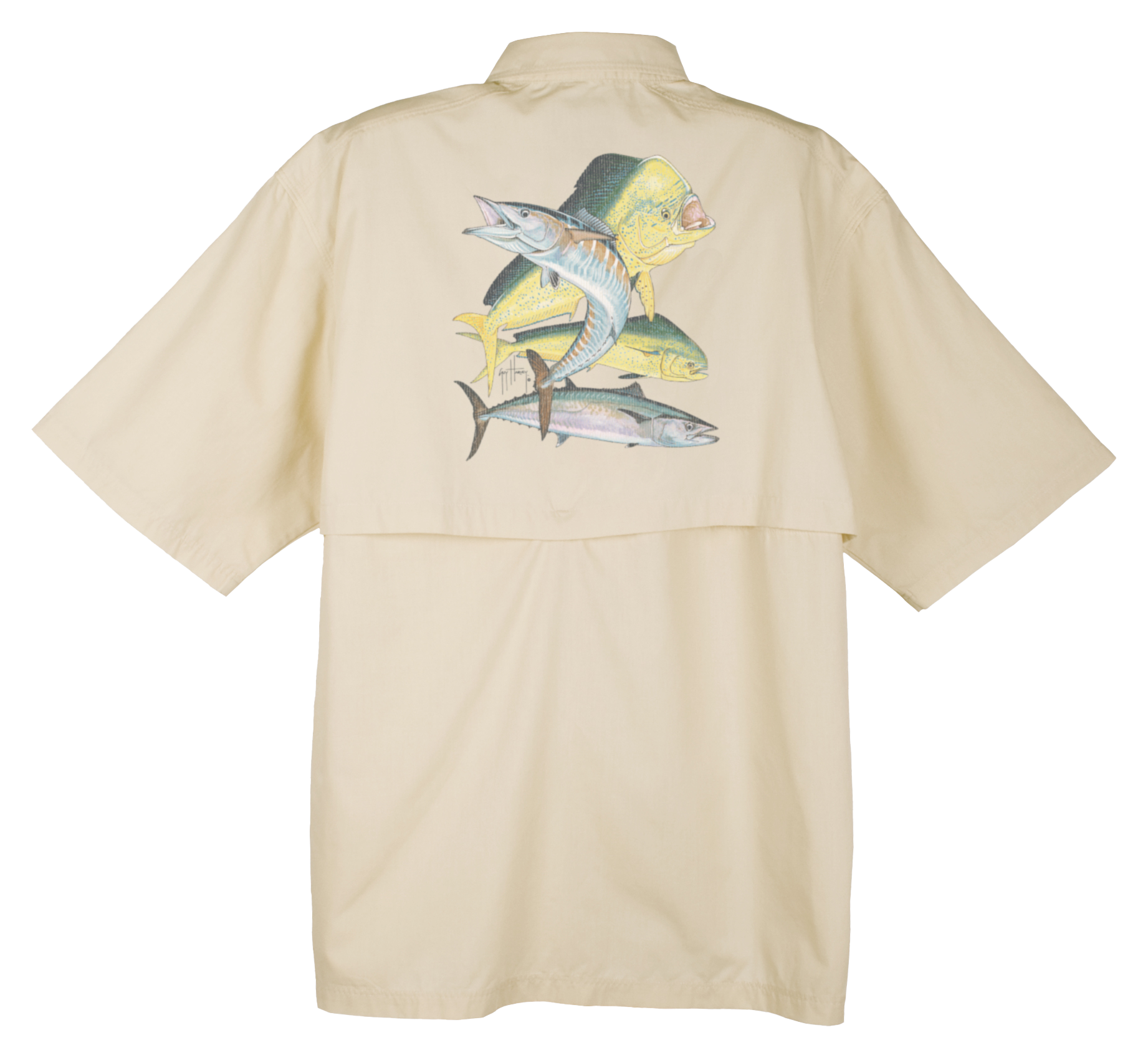 Guy Harvey Dolphin, Wahoo, Kingfish Graphical Technical Short Sleeve  Fishing Shirt in White or Melon