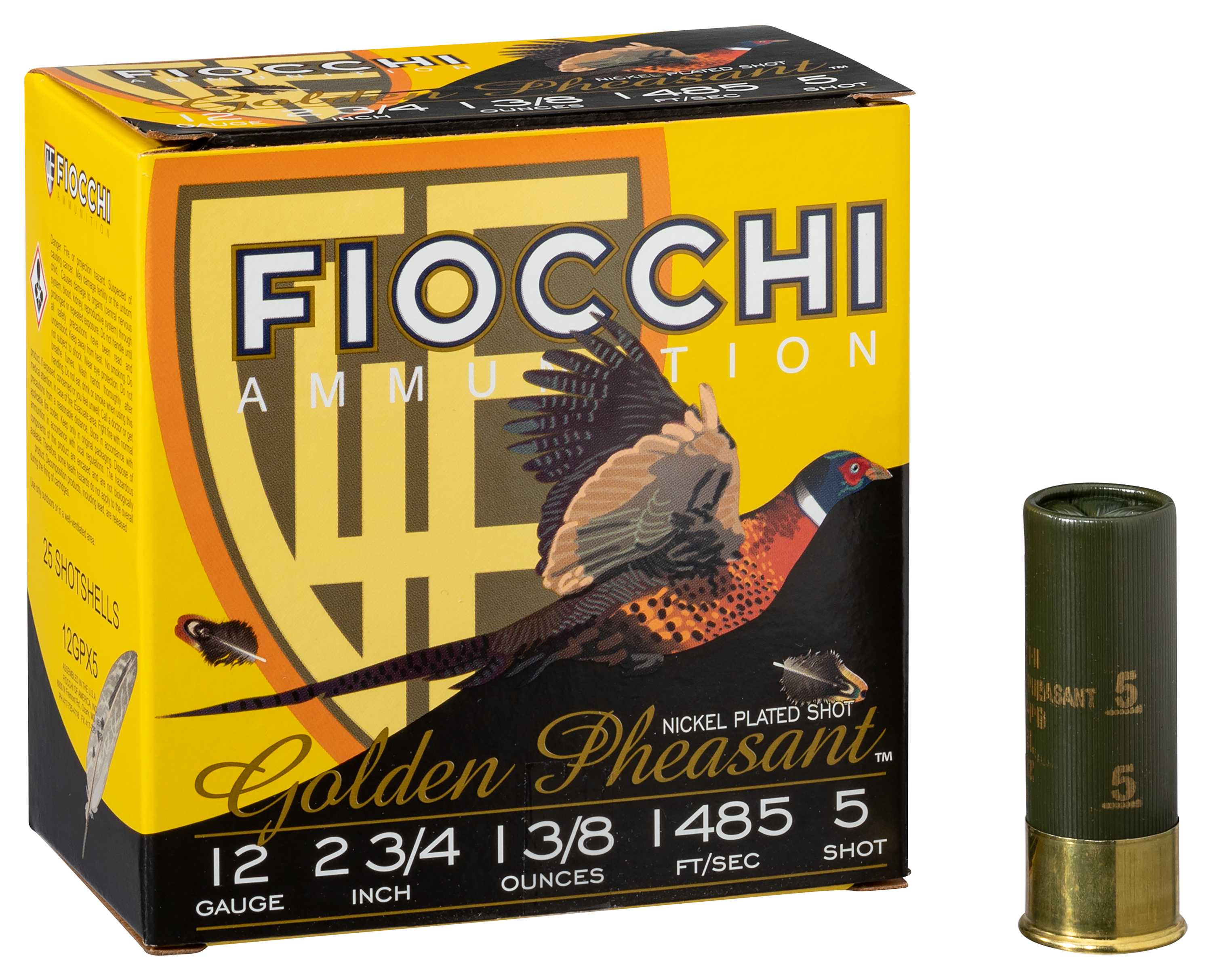 Image of "Fiocchi Golden Pheasant Extreme High-Velocity 12-Ga. 2-3/4"" 1-3/8 oz. Nickel-Plated Lead Shotshells - #5 - 250 Rounds"