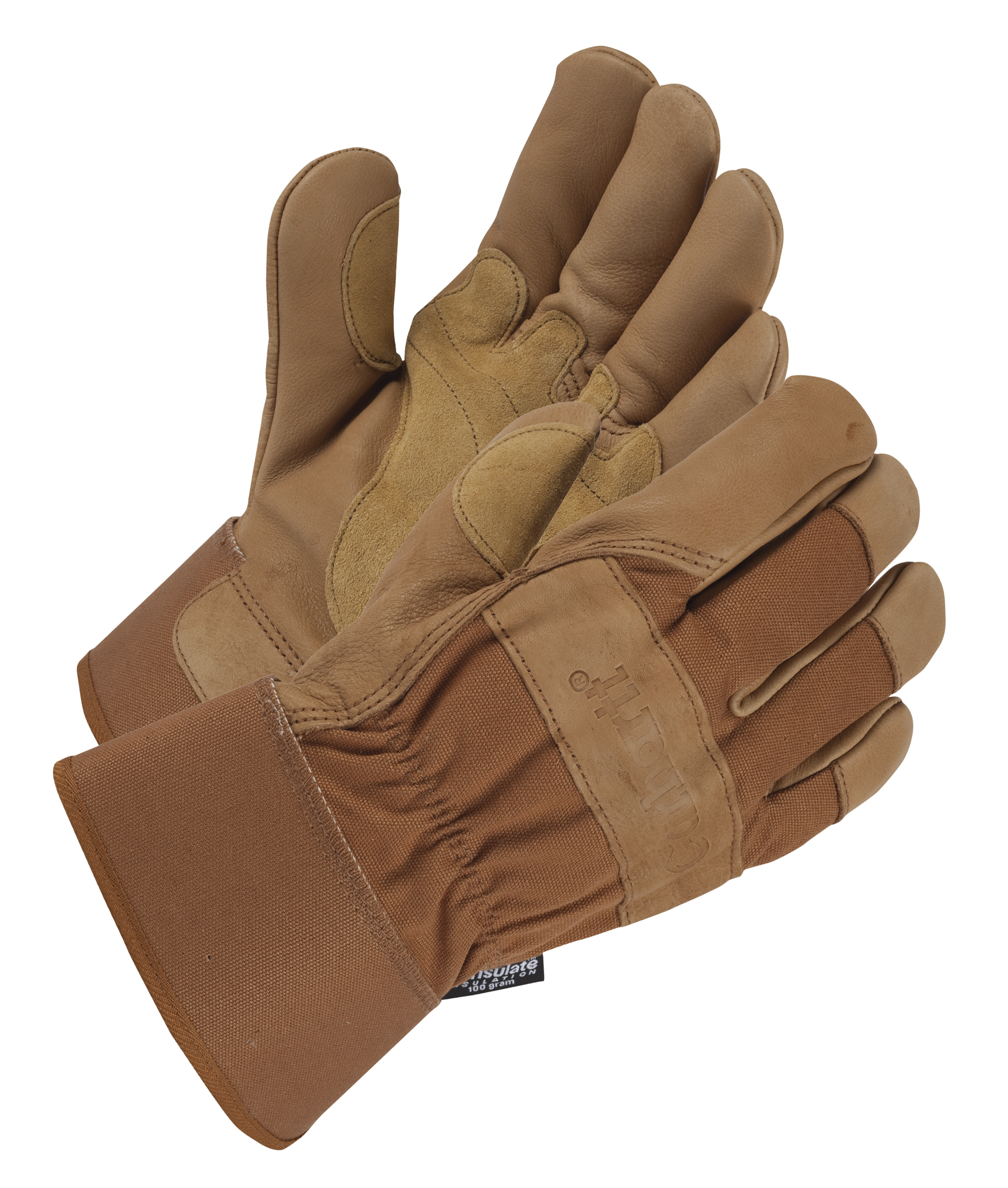 Image of Carhartt Insulated Grain Leather Work Gloves with Safety Cuff for Men - Brown - M