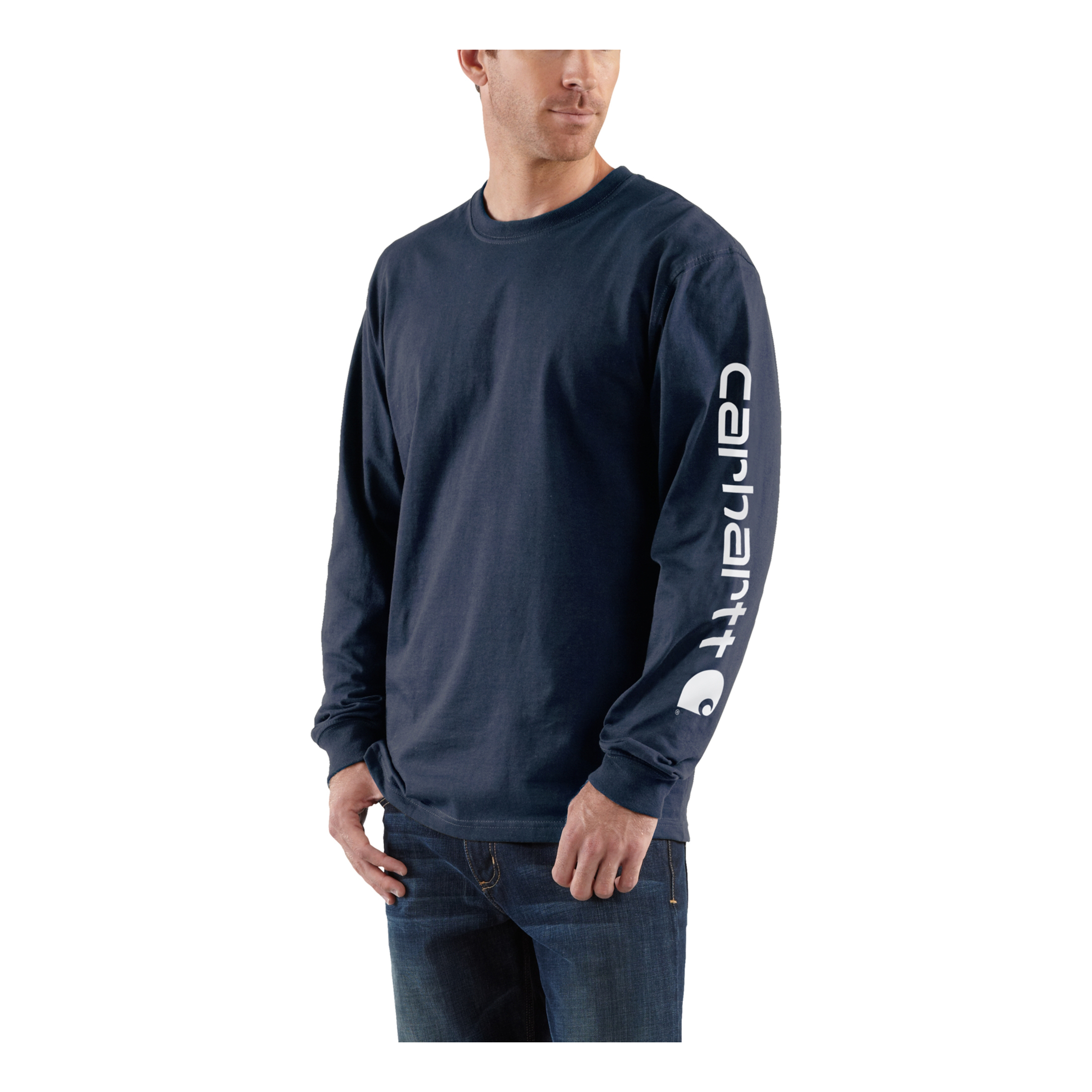 Image of Carhartt Loose-Fit Heavyweight Logo Sleeve Graphic Long-Sleeve T-Shirt - Navy