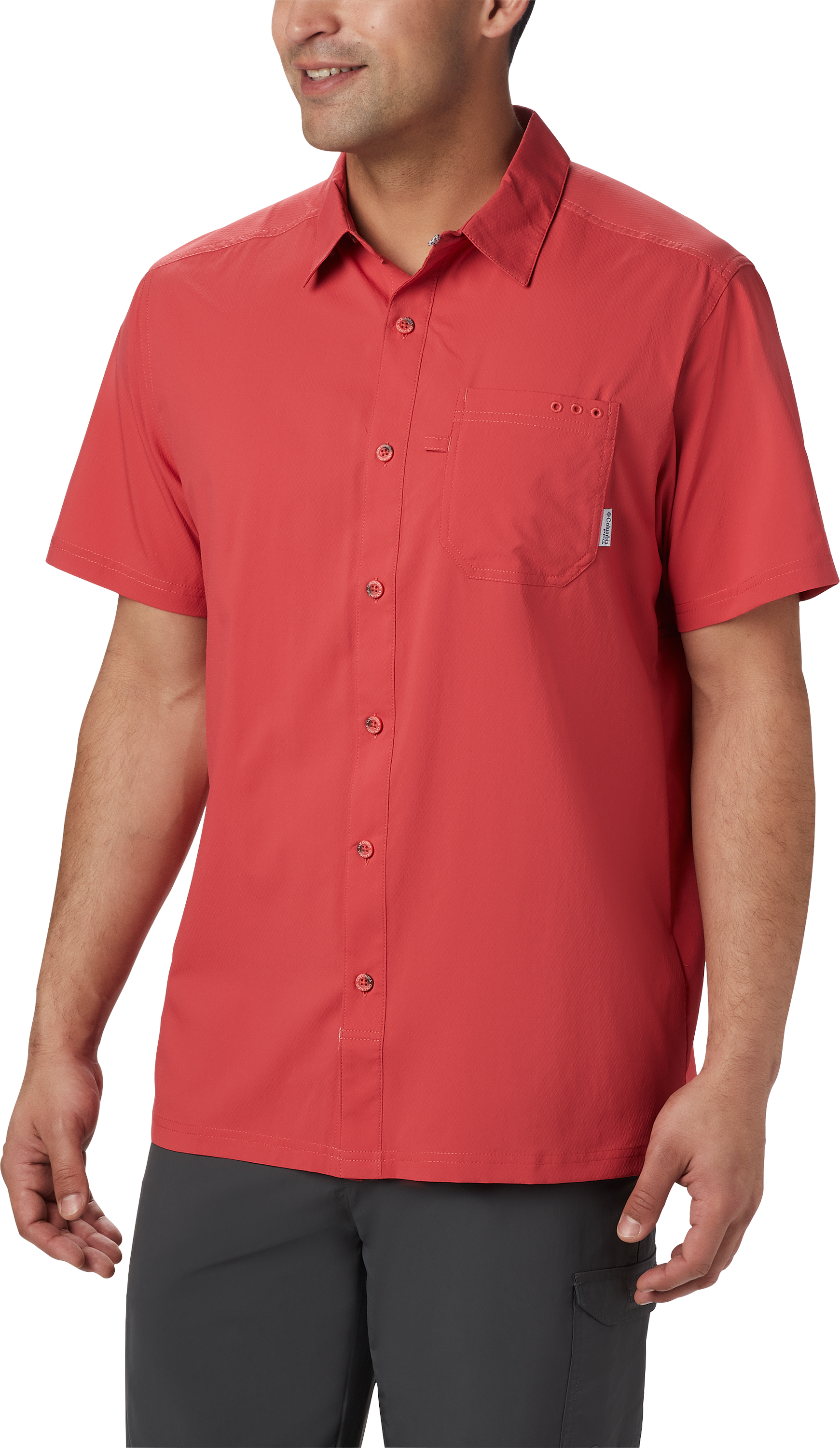 Image of Columbia PFG Slack Tide Camp Short-Sleeve Button-Down Shirt for Men - Sunset Red - S