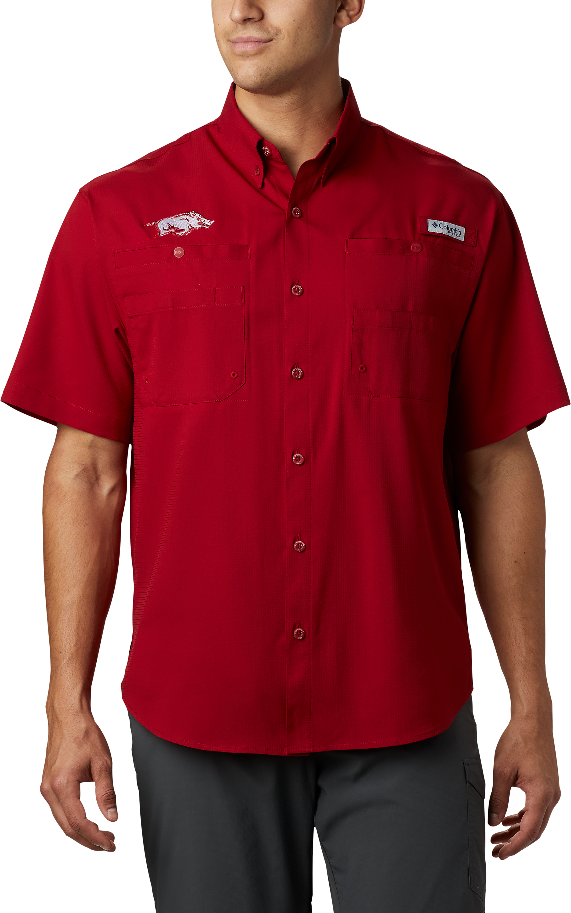Image of Columbia Collegiate PFG Tamiami Short-Sleeve Shirt for Men - Red Velvet/University of Arkansas