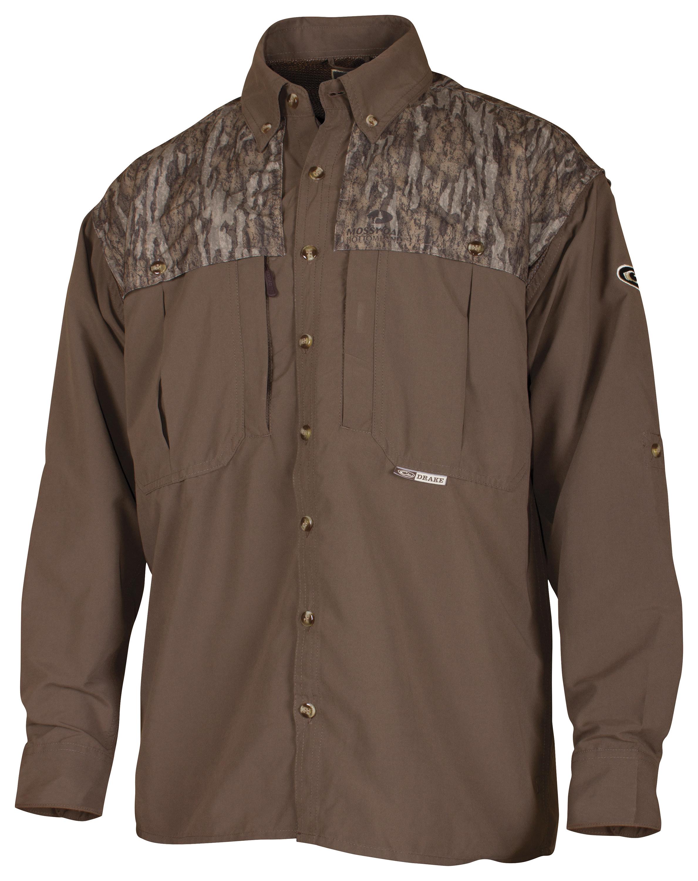 Drake Waterfowl Systems 2-Toned Vented Wingshooter's Shirt for Men - Mossy Oak Bottomland - S