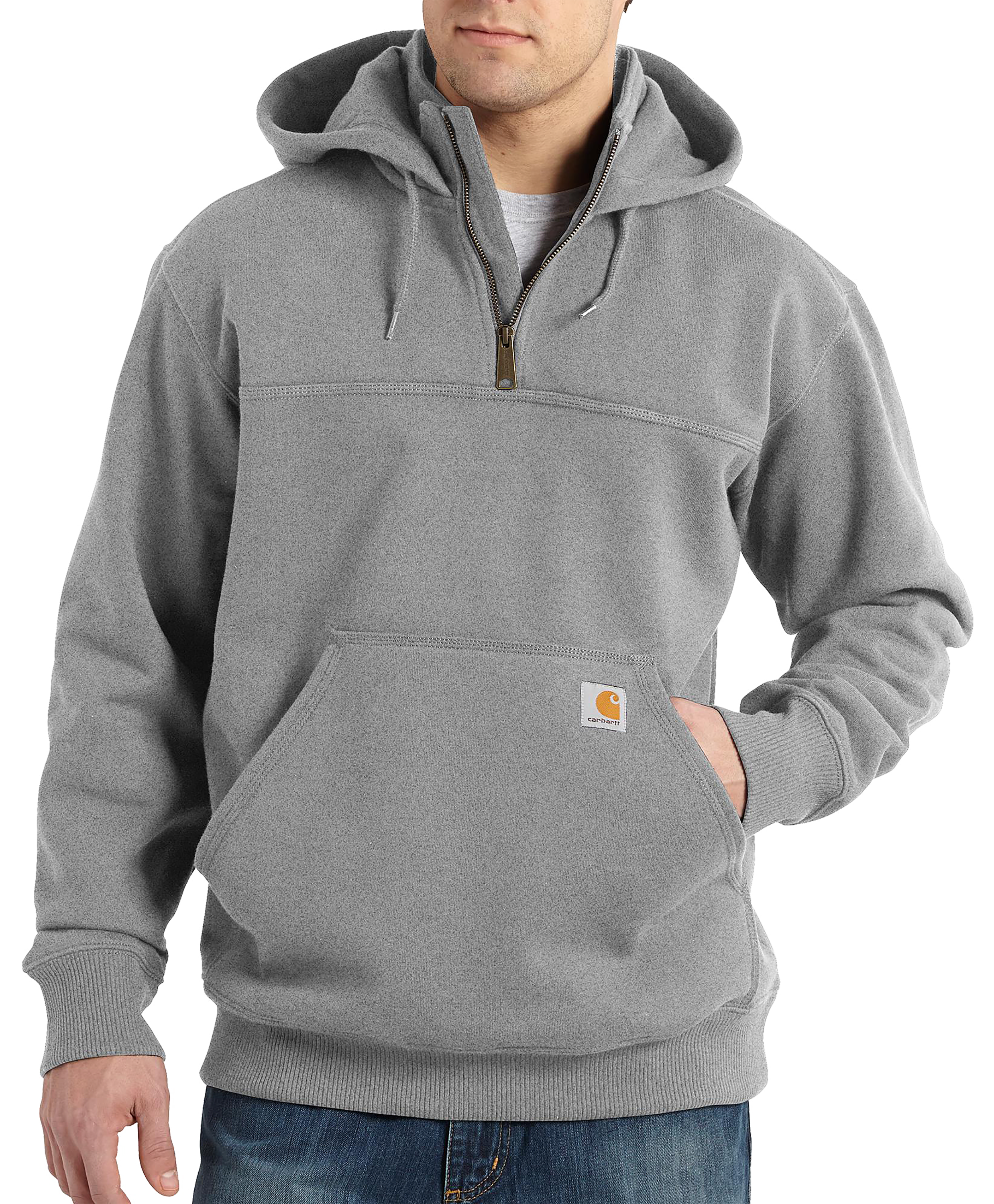 Image of Carhartt Rain Defender Loose-Fit Heavyweight Quarter-Zip Hooded Long-Sleeve Sweatshirt - Heather Gray - LT