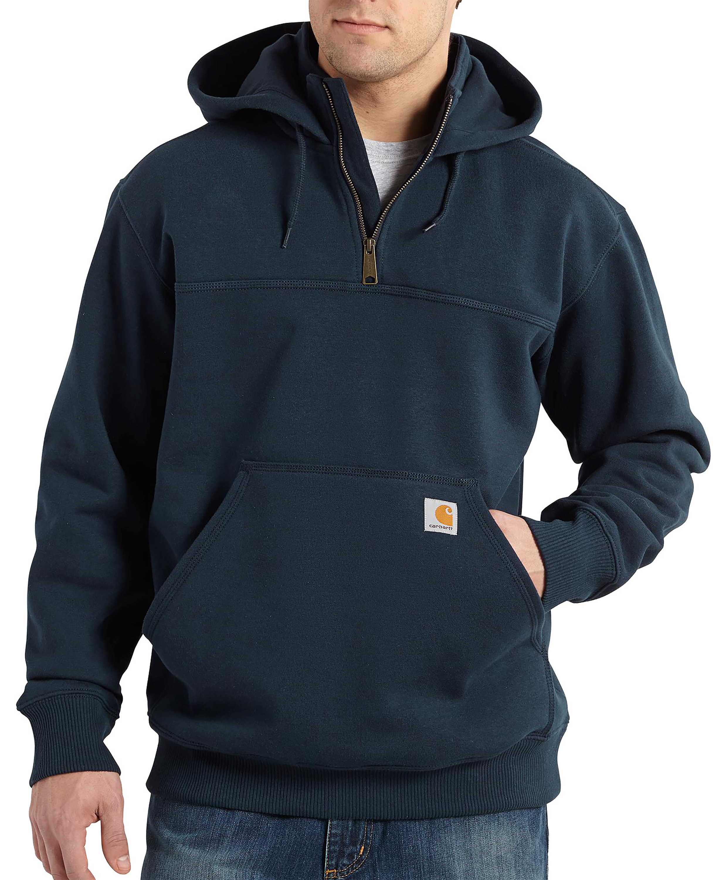 Image of Carhartt Rain Defender Loose-Fit Heavyweight Quarter-Zip Hooded Long-Sleeve Sweatshirt for Men - New Navy - 2XLT