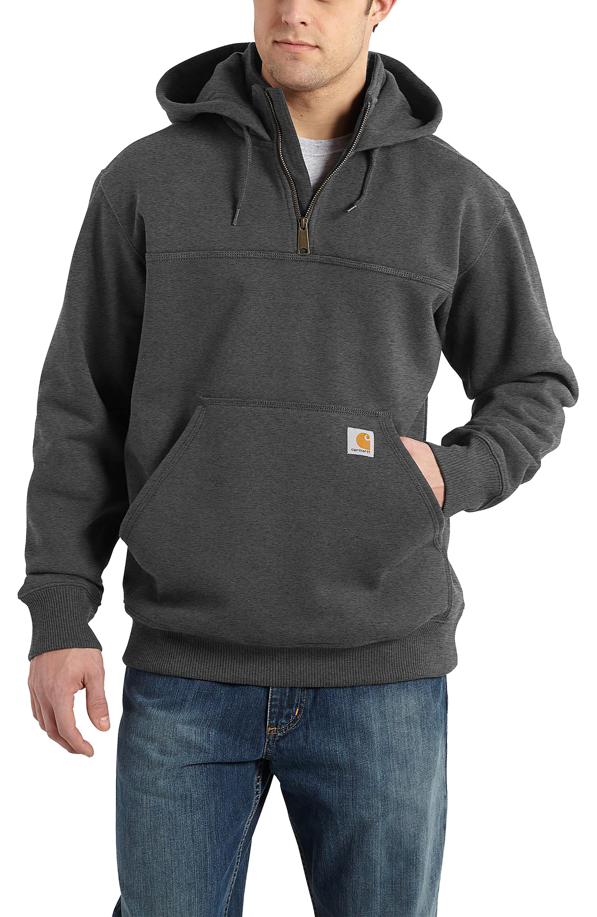 Image of Carhartt Rain Defender Loose-Fit Heavyweight Quarter-Zip Hooded Long-Sleeve Sweatshirt for Men - Carbon Heather - 2XL