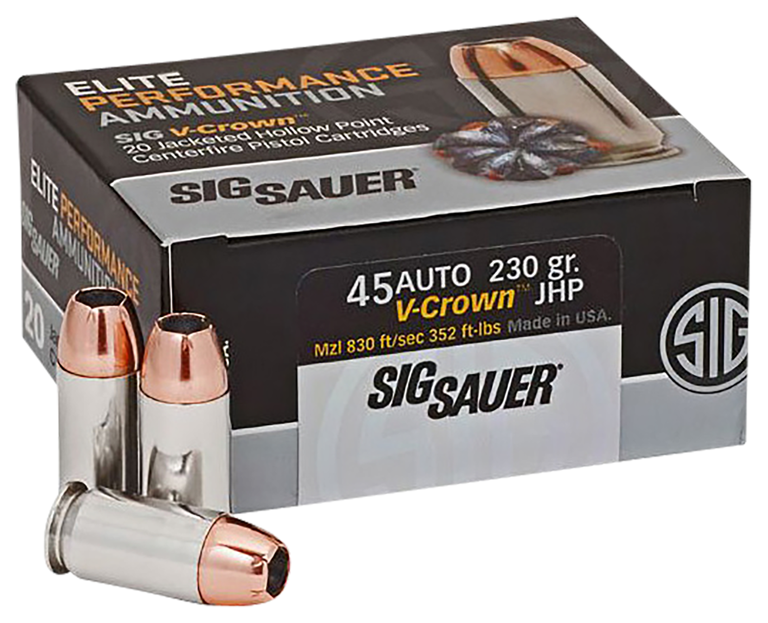 SIG SAUER Elite Performance JHP .45 ACP 230 Grain V-Crown Handgun Ammo