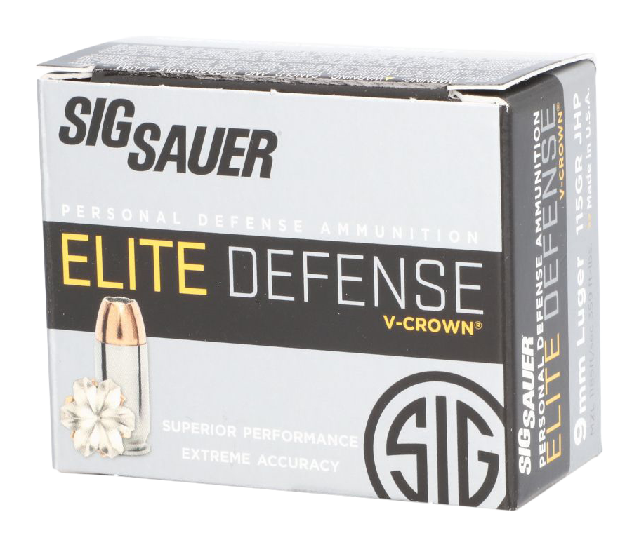 Sig Sauer Elite Performance JHP 9mm Luger 115 Grain V-Crown Handgun Ammo - 20 Rounds