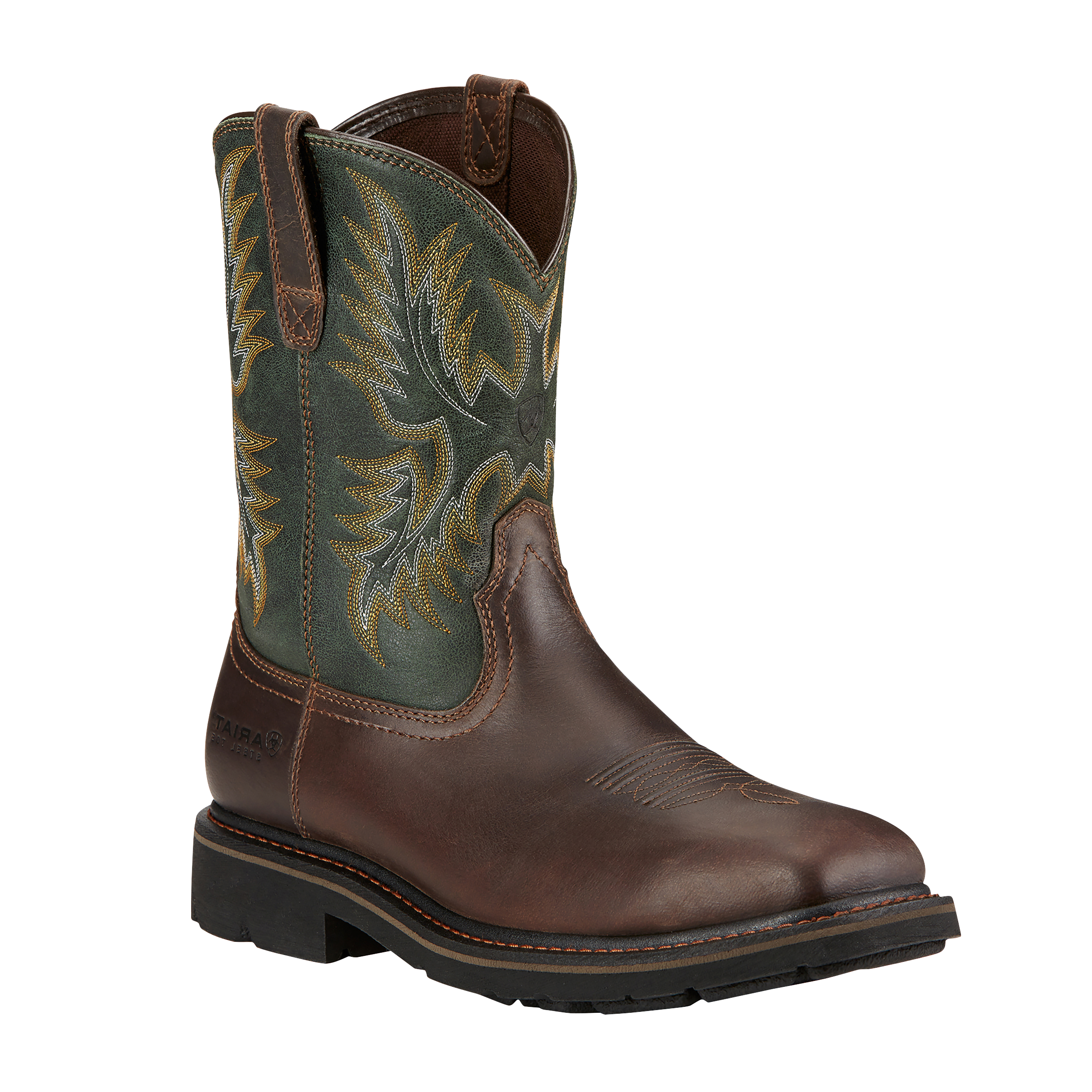 Image of Ariat Sierra Square Toe Western Work Boots for Men - Dark Brown/Pine Green - 8.5M