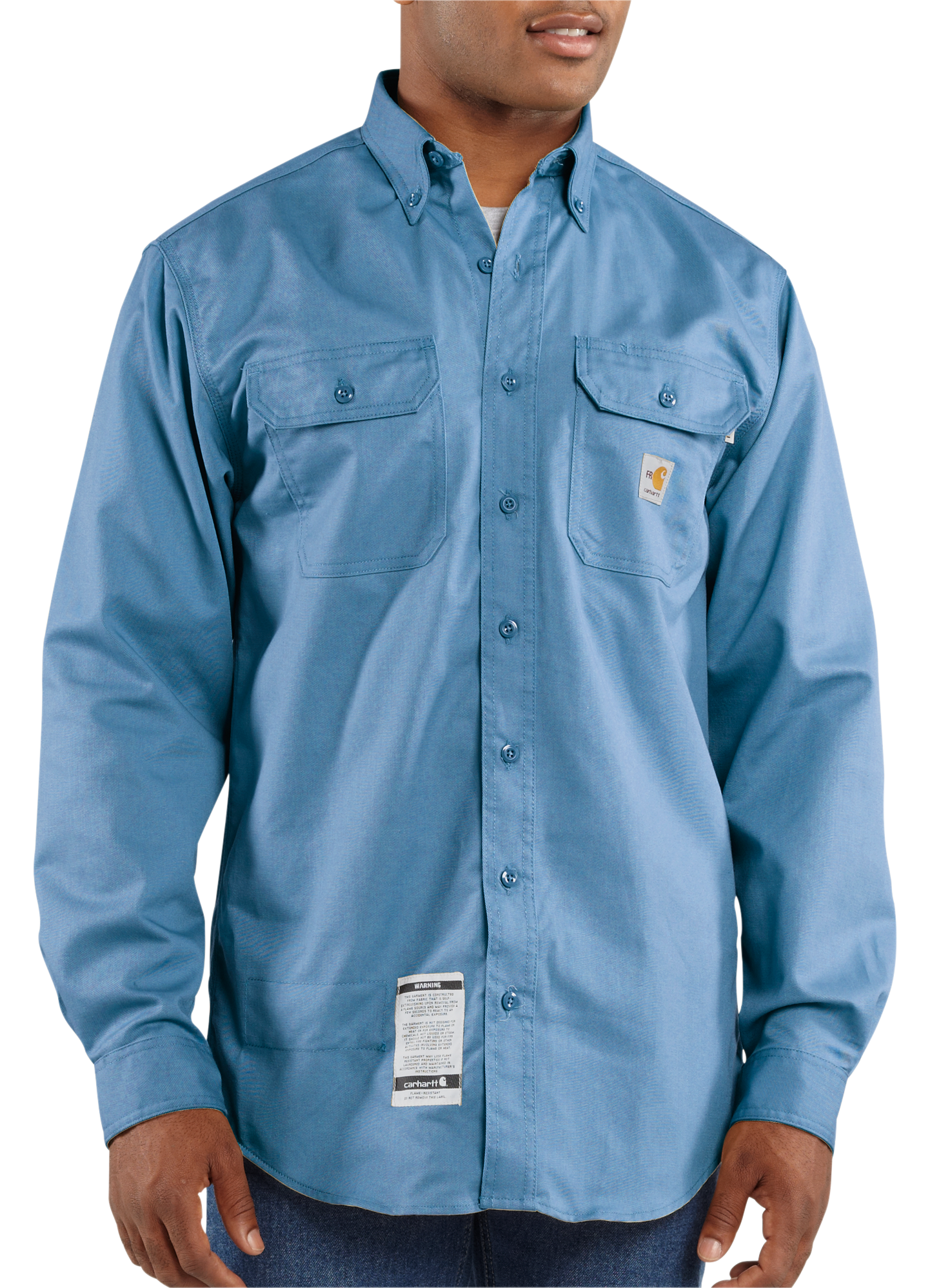 Image of Carhartt Flame-Resistant Long-Sleeve Twill Shirt with Pocket Flaps for Men - Medium Blue