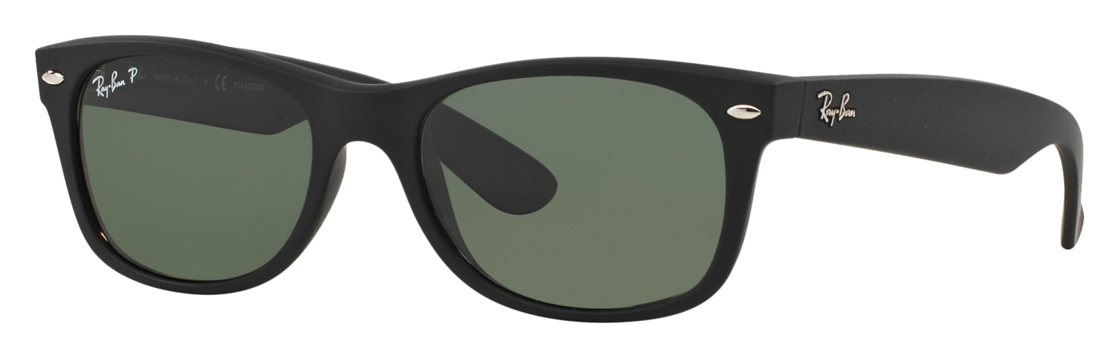 Image of Ray-Ban New Wayfarer Classic RB2132 Glass Polarized Sunglasses - Matte Rubber Black/Green Classic G-15 - Small