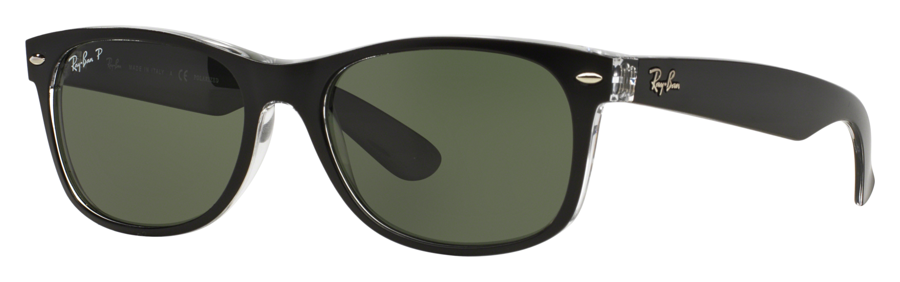 Ray-Ban New Wayfarer Classic RB2132 Glass Polarized Sunglasses - Matte Black/Transparent/Green Classic G-15 - Standard -  RB213260525855