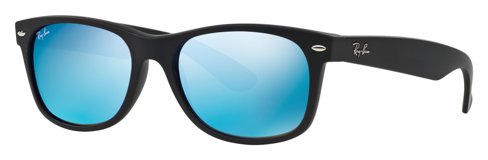 Image of Ray-Ban New Wayfarer Classic RB2132 Glass Sunglasses - Matte Black/Blue Flash Mirror - Standard