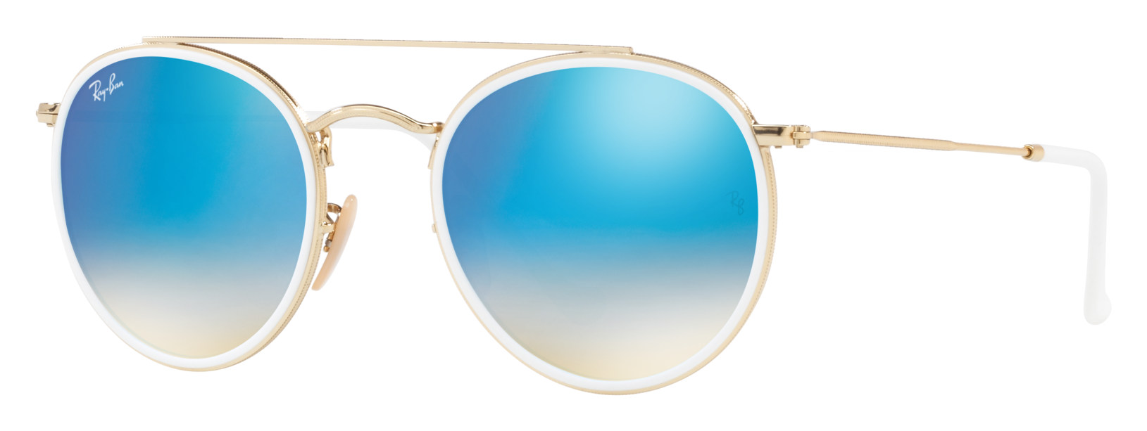 Image of Ray-Ban Round Double-Bridge RB3647 Glass Sunglasses - Gold/Blue Gradient Flash Mirror- Standard