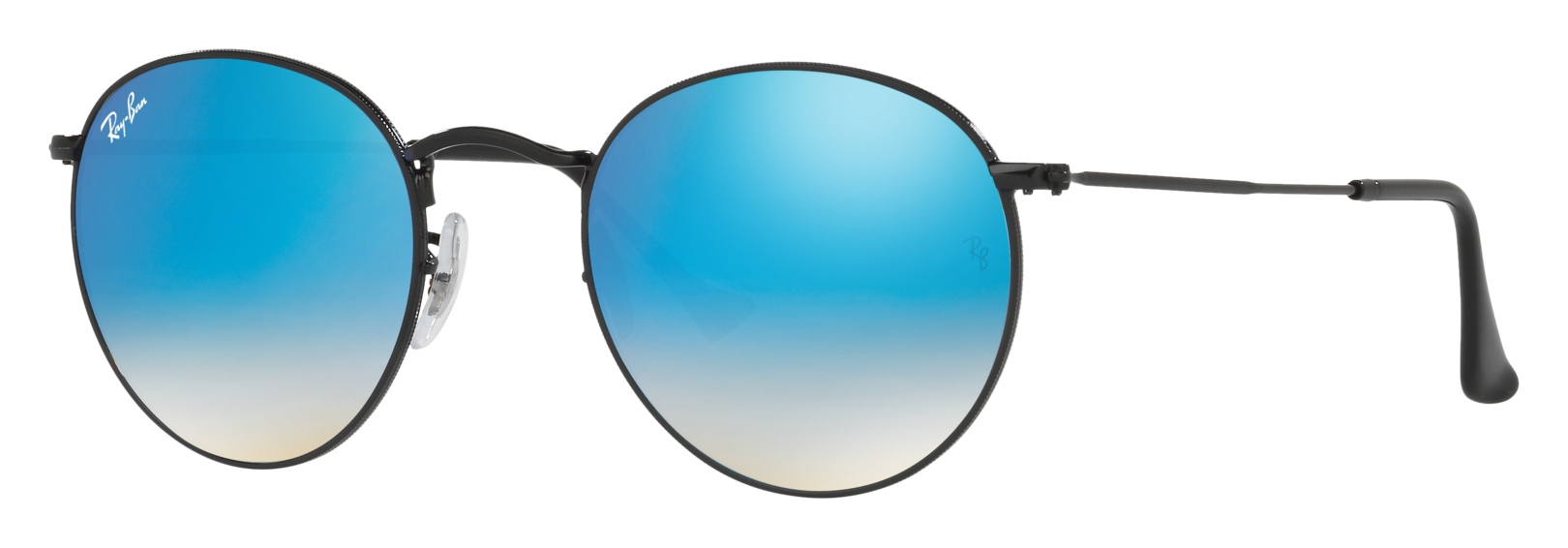 Image of Ray-Ban Round Metal RB3447 Glass Sunglasses - Black/Blue Gradient Flash Mirror - Standard