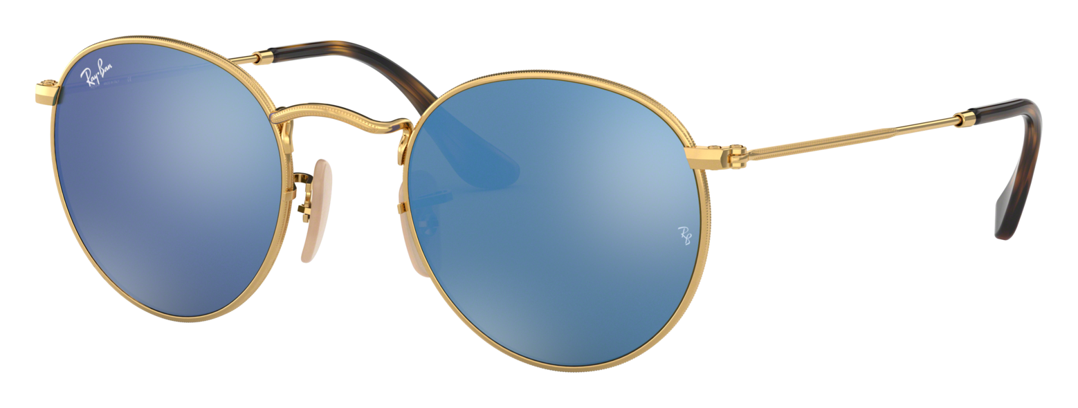 Image of Ray-Ban Round Metal RB3447 Glass Sunglasses - Gold/Light Blue Gradient Flash Mirror - Standard