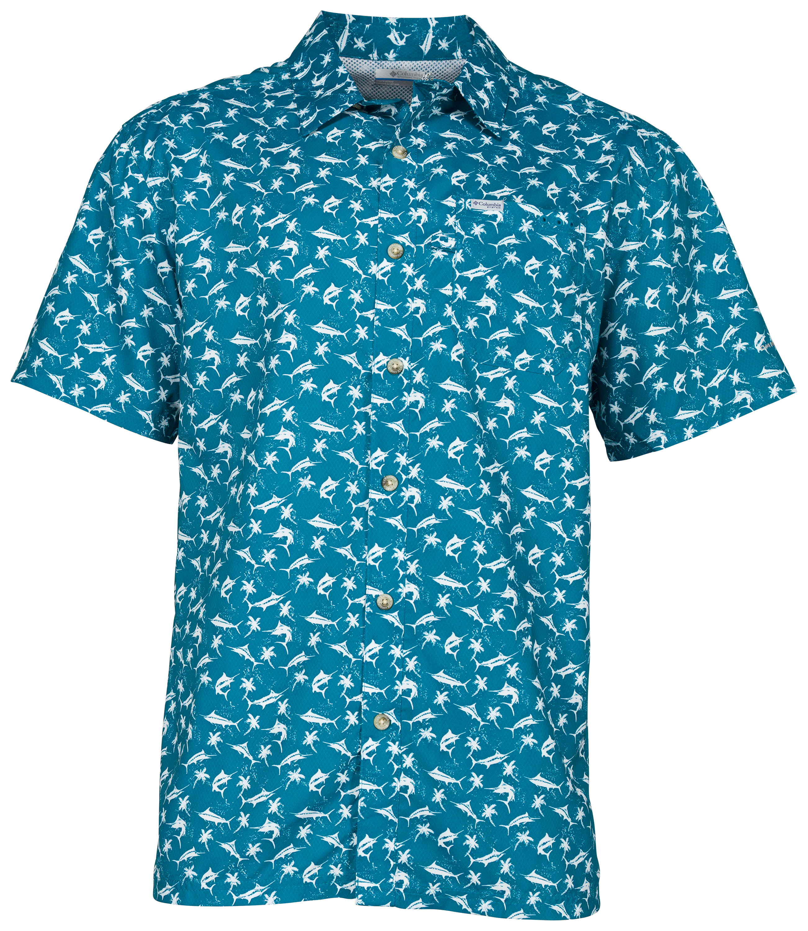 Image of Columbia Super Slack Tide Watery Fish Print Camp Short-Sleeve Shirt for Men - Dark Turquoise/Watery Fish Print - S