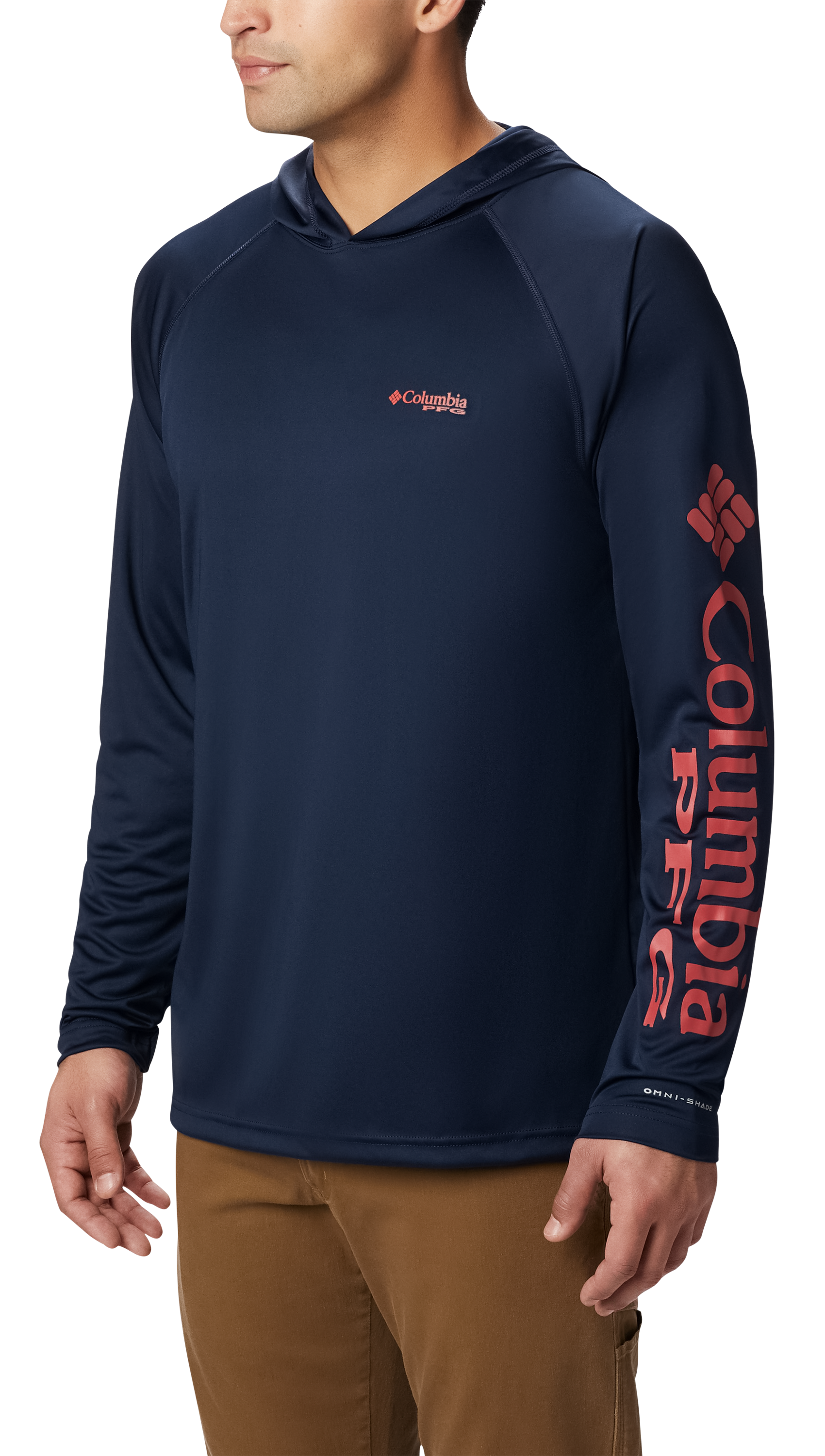Image of Columbia PFG Terminal Tackle Long-Sleeve Hoodie - Collegiate Navy/Sunset Red Logo