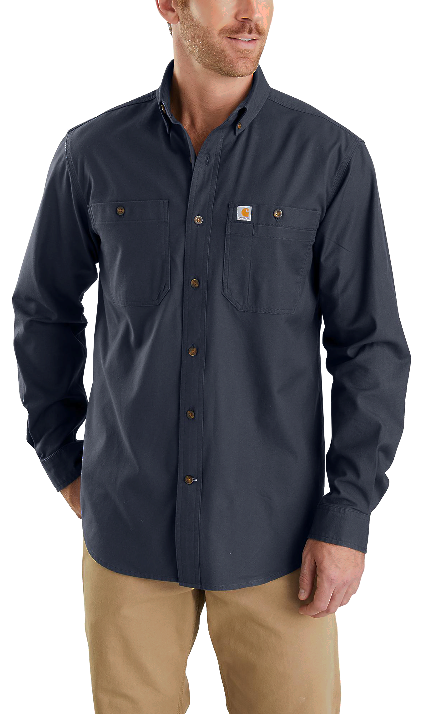 Image of Carhartt Rugged Flex Relaxed-Fit Midweight Canvas Long-Sleeve Button-Down Shirt for Men - Navy - L