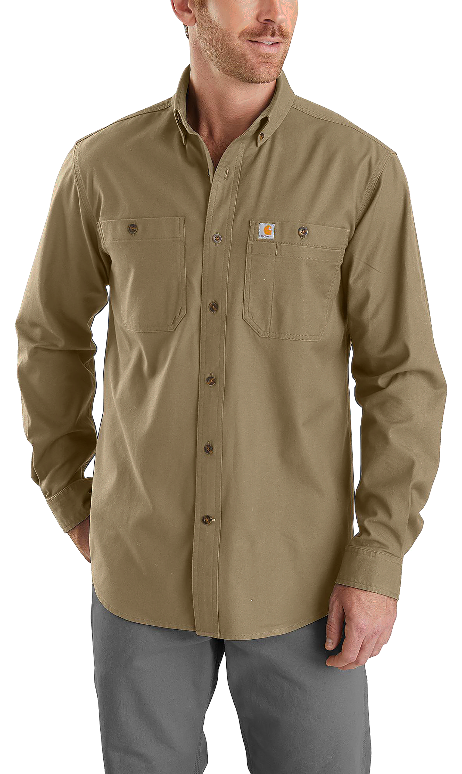 Image of Carhartt Rugged Flex Relaxed-Fit Midweight Canvas Long-Sleeve Button-Down Shirt for Men - Dark Khaki - L