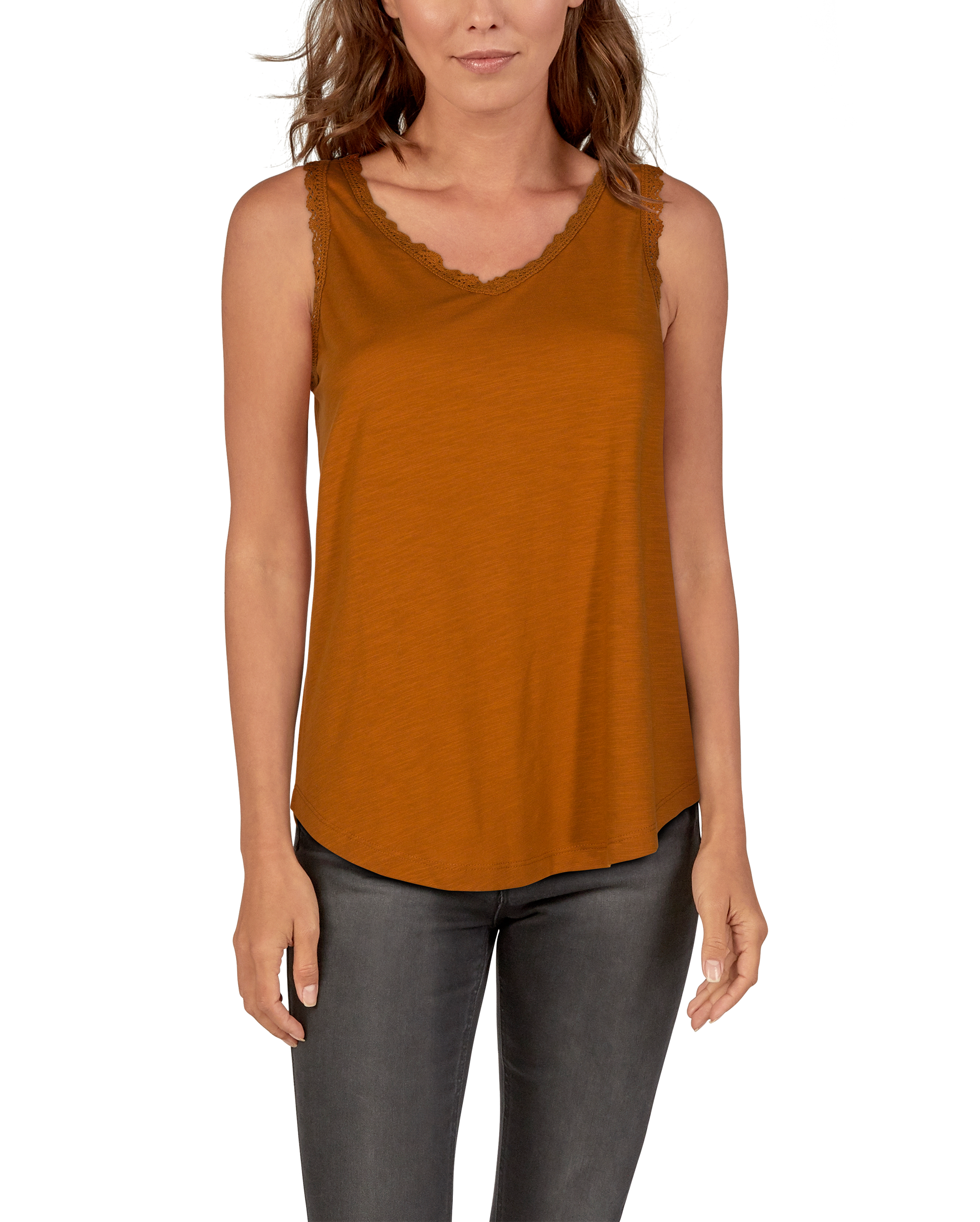 Natural Reflections Lace-Trim V-Neck Tank Top for Ladies - Caramel Cafe - 2