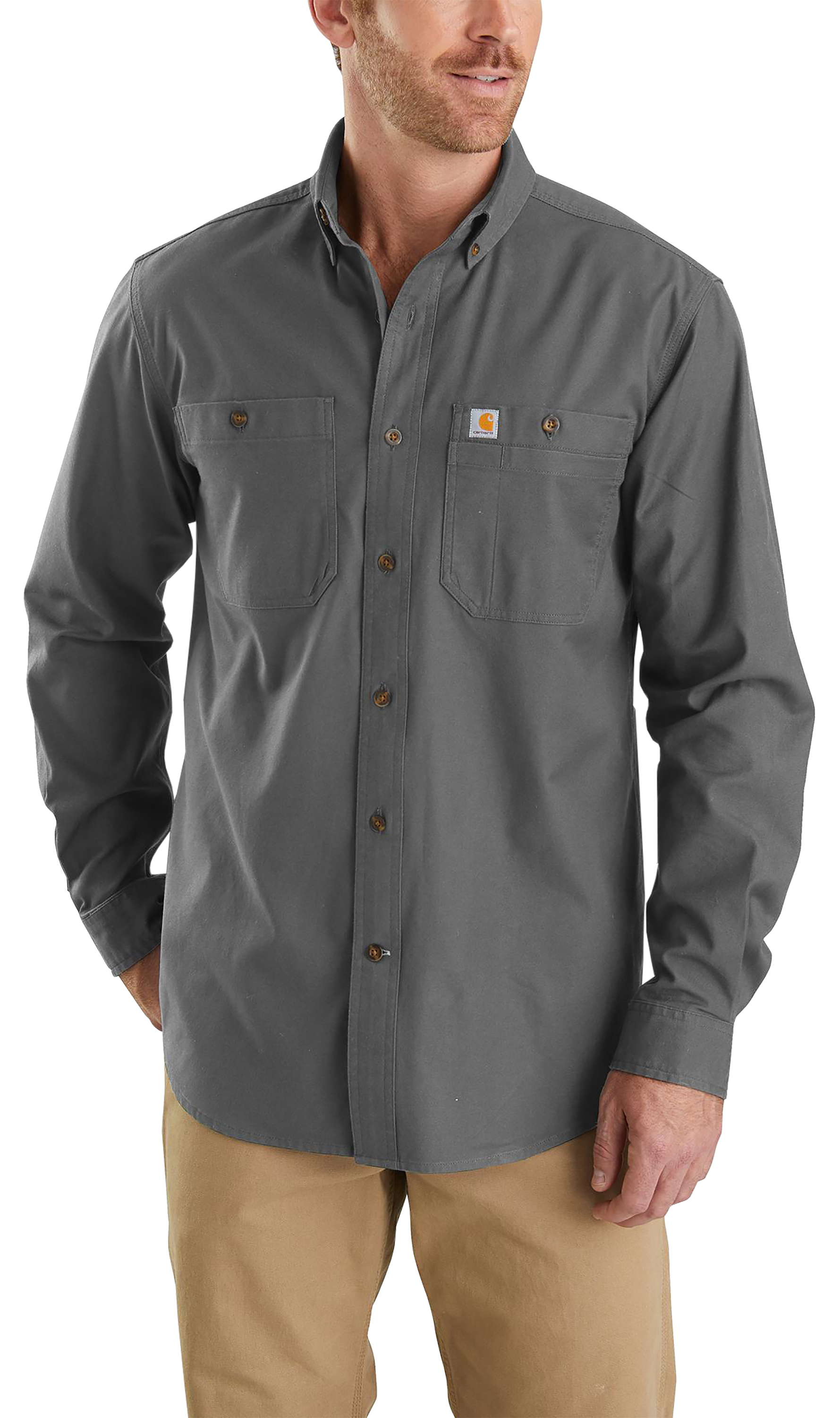 Image of Carhartt Rugged Flex Relaxed-Fit Midweight Canvas Long-Sleeve Button-Down Shirt for Men - Gravel