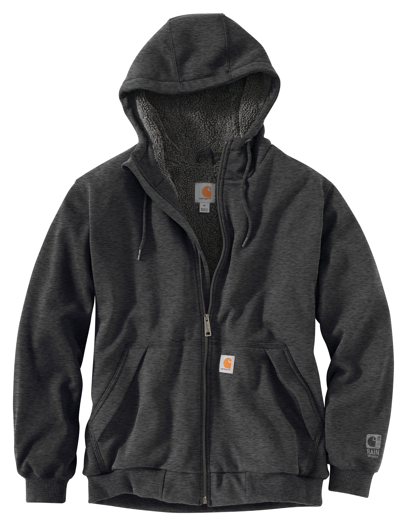 Image of Carhartt Rain Defender Rockland Sherpa-Lined Long-Sleeve Hooded Sweatshirt for Men - Carbon Heather - S