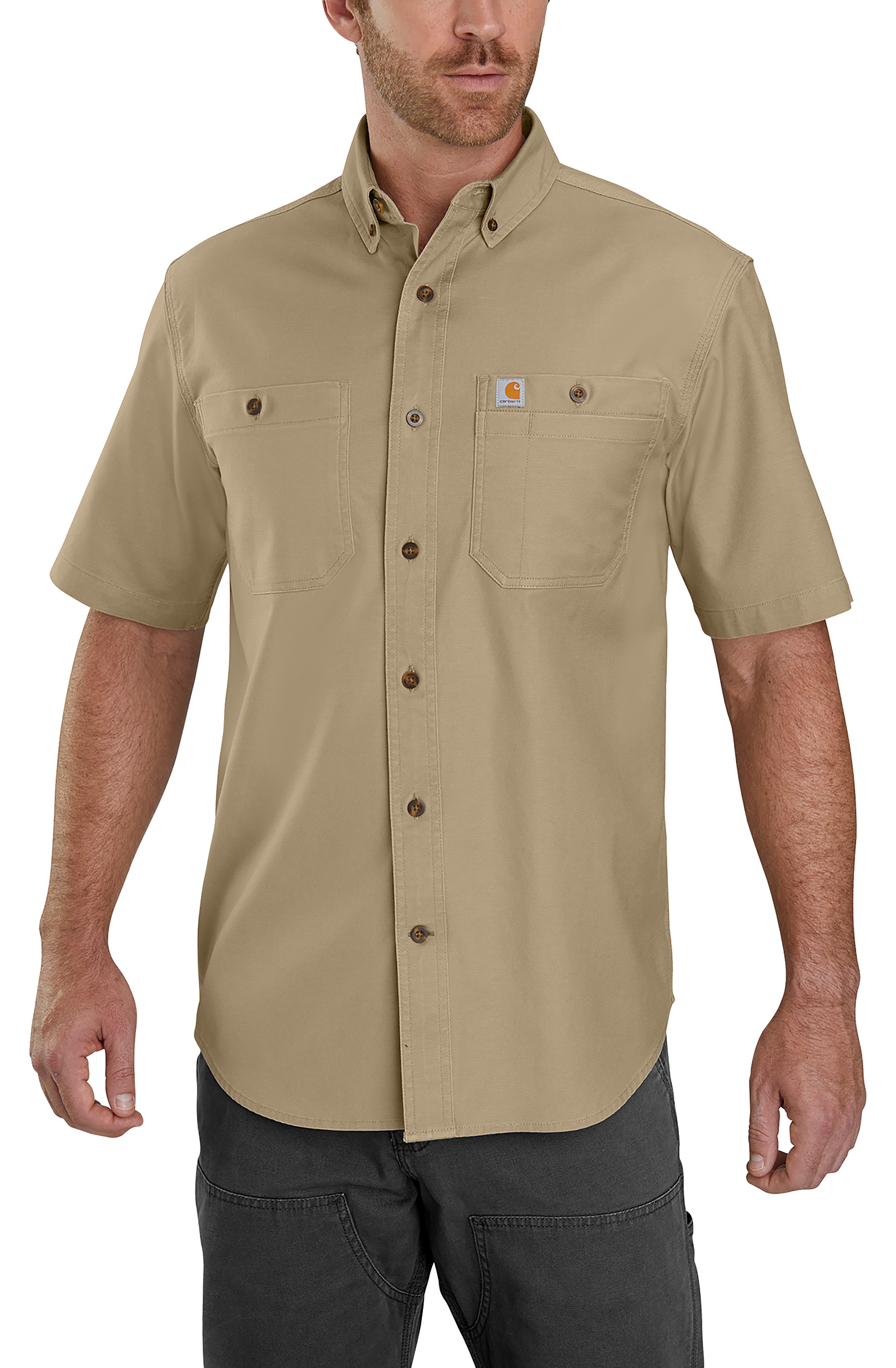 Image of Carhartt Rugged Flex Relaxed-Fit Midweight Canvas Short-Sleeve Shirt for Men - Dark Khaki - 4XL