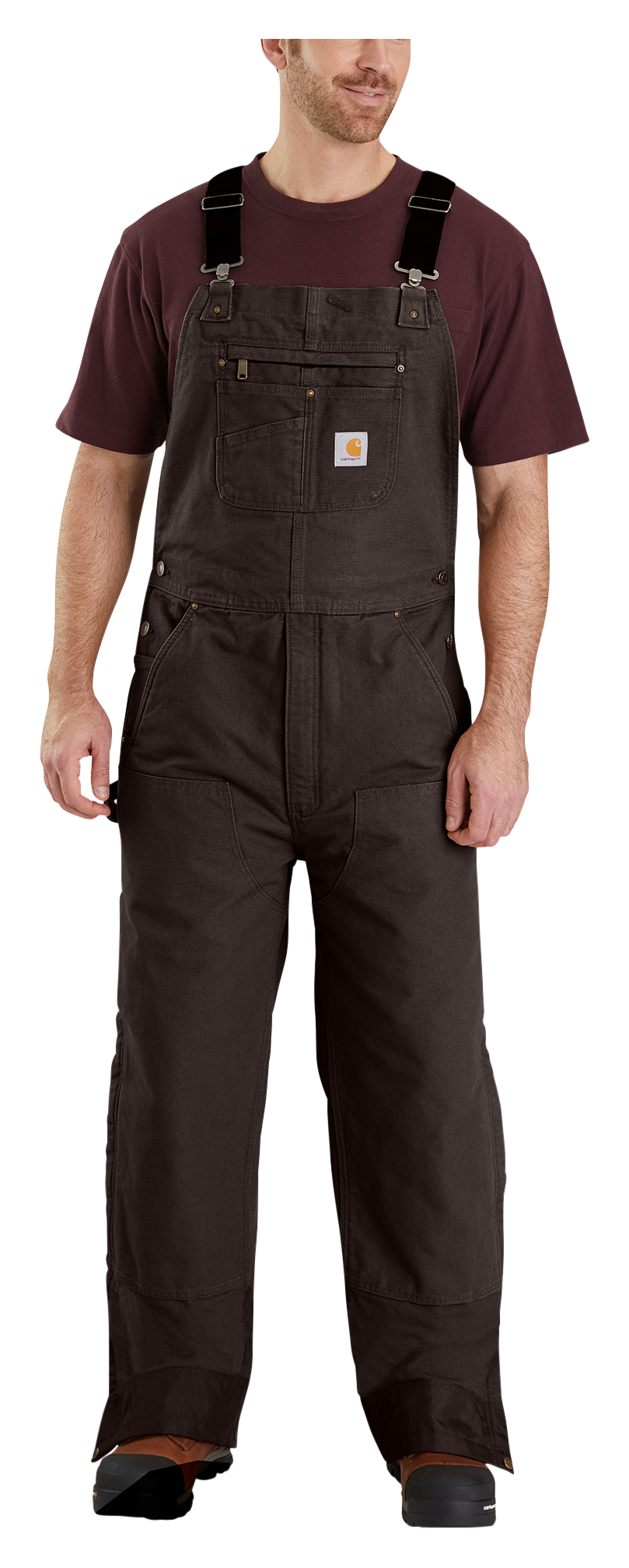 Image of Carhartt Quilt-Lined Washed Duck Bib Overalls for Men - Dark Brown - S